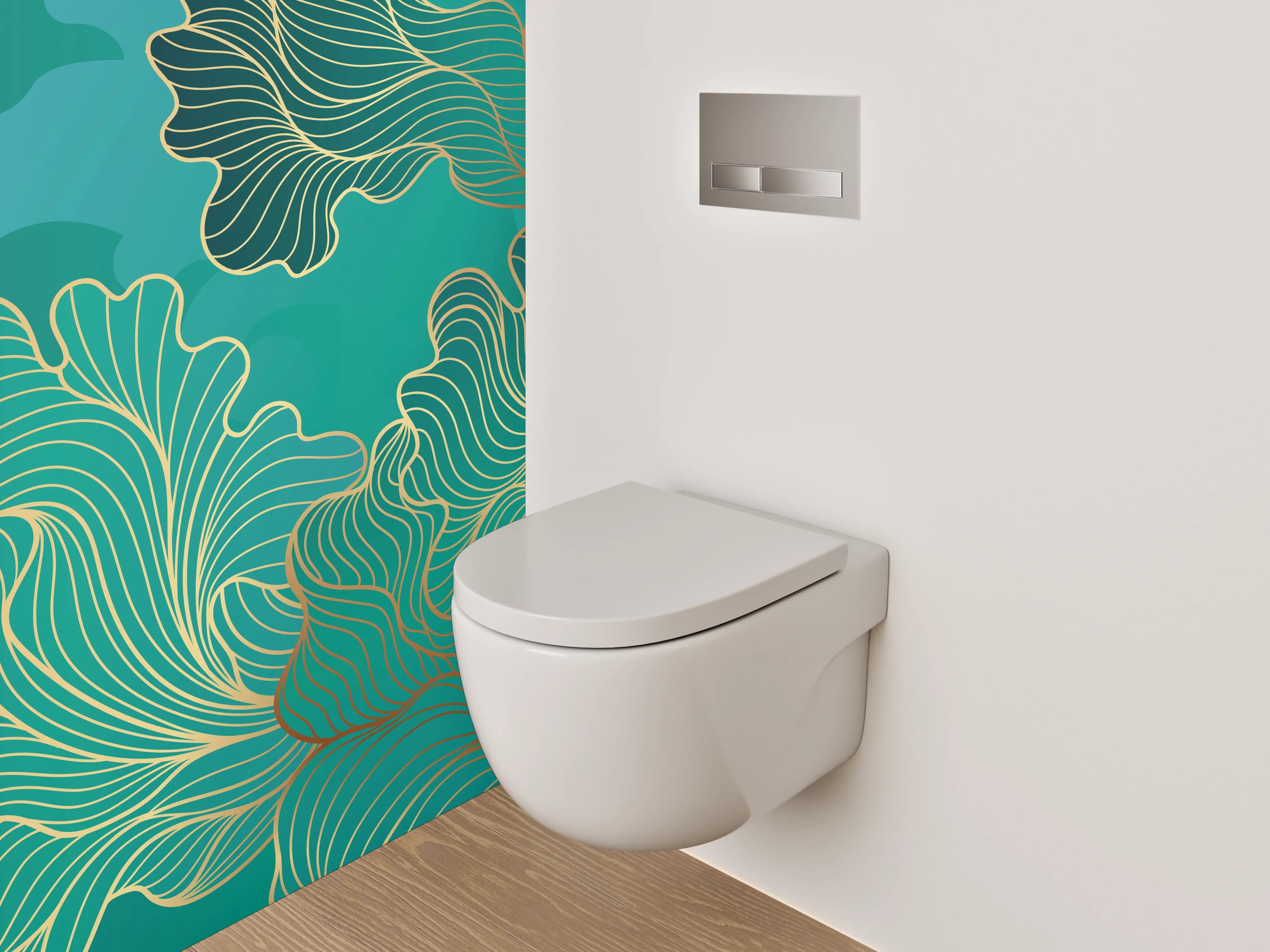 WC-Rückwand - Abstraktes Gold-Lineart auf Türkis