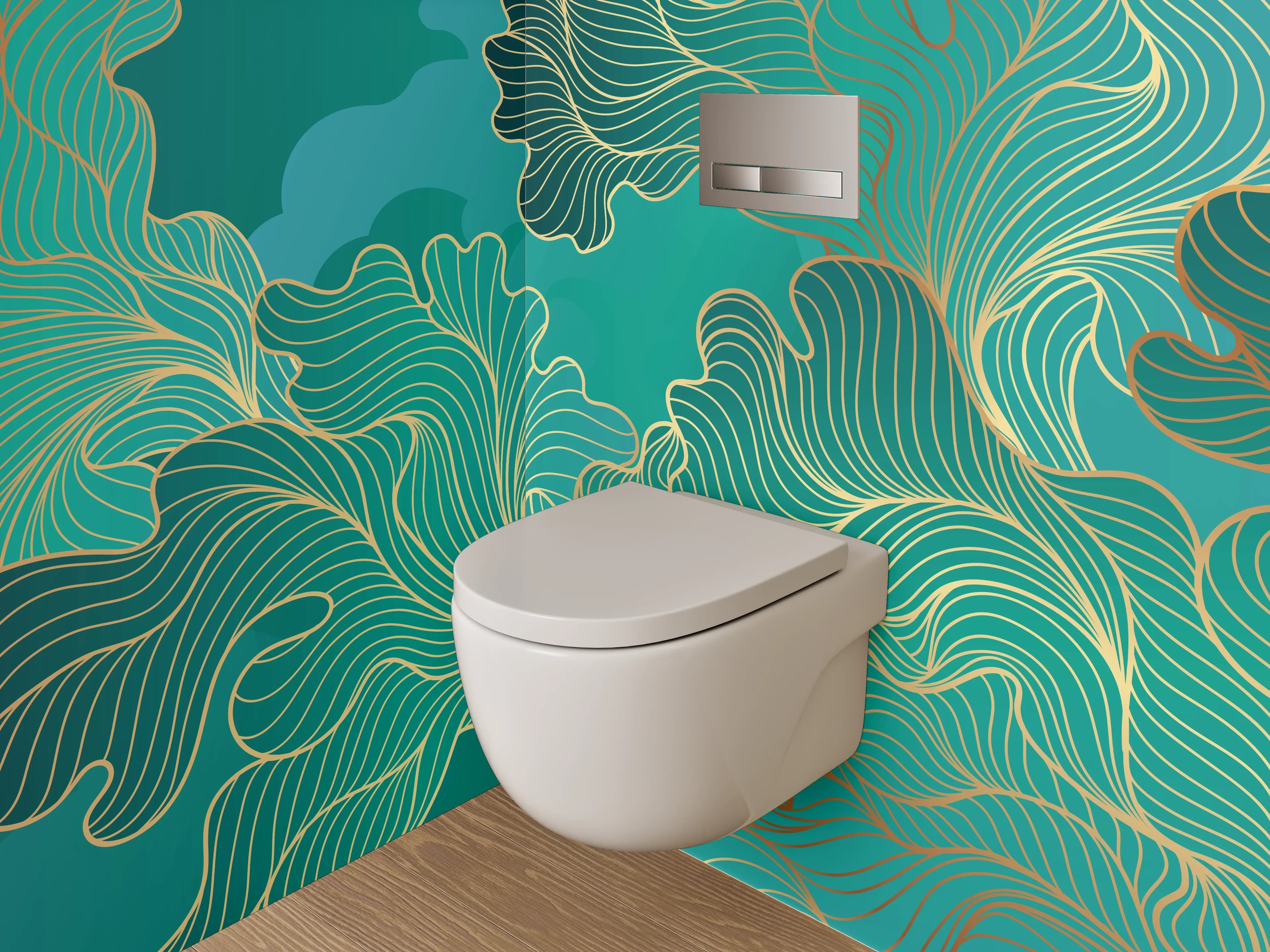 WC-Rückwand - Abstraktes Gold-Lineart auf Türkis