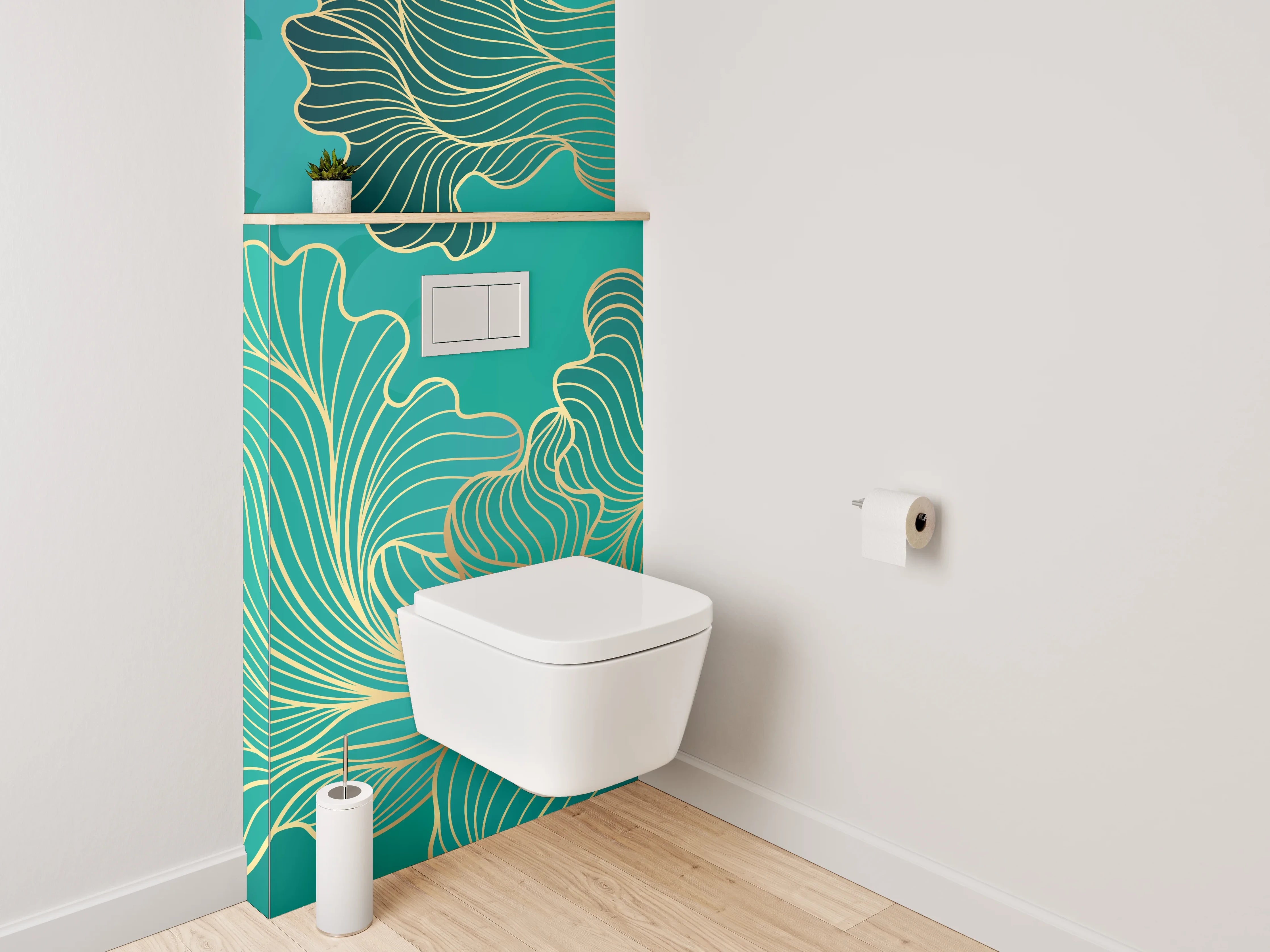 WC-Rückwand - Abstraktes Gold-Lineart auf Türkis