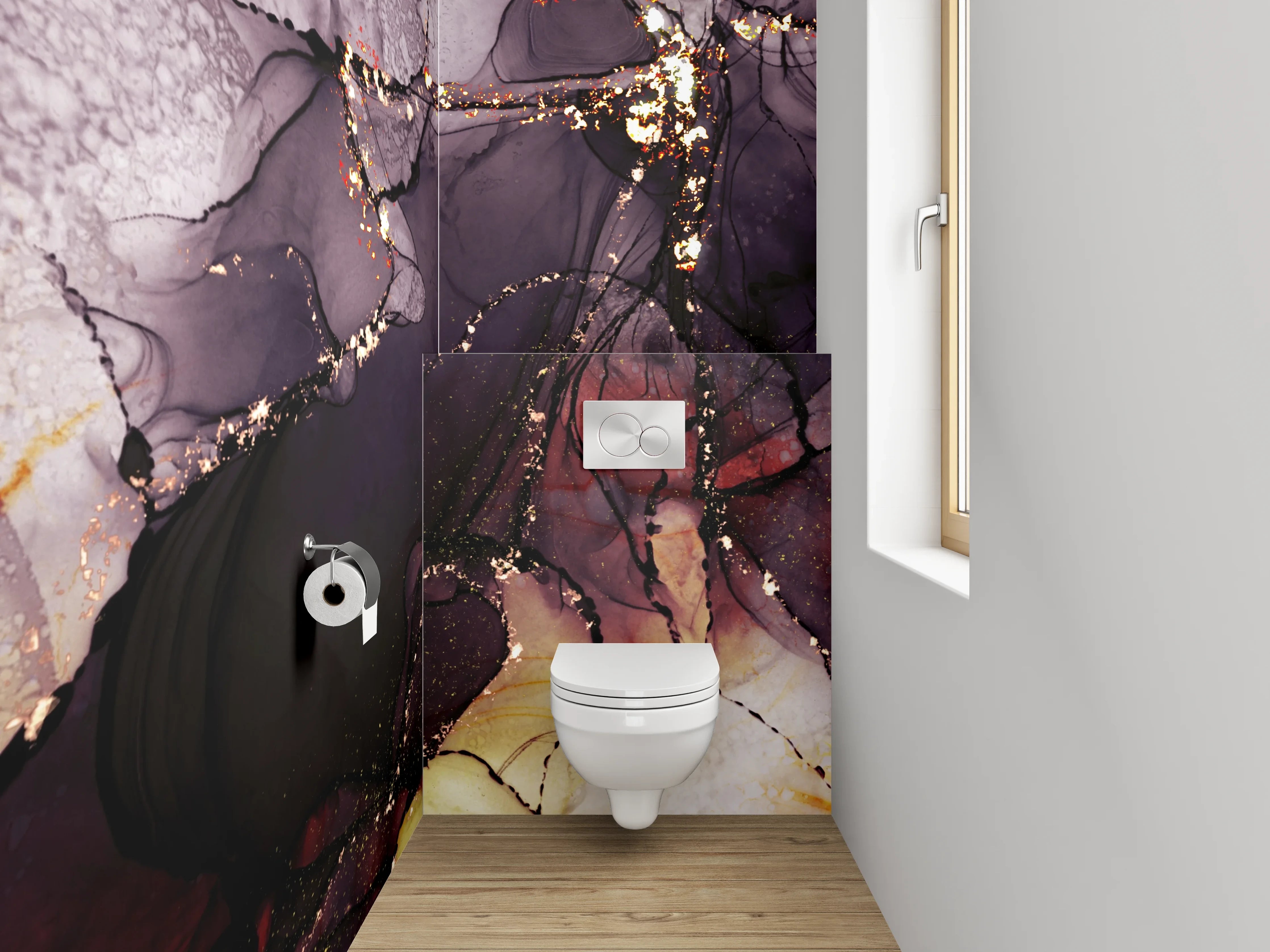 WC-Rückwand - Abstraktes Kunstwerk mit Gold und Lila