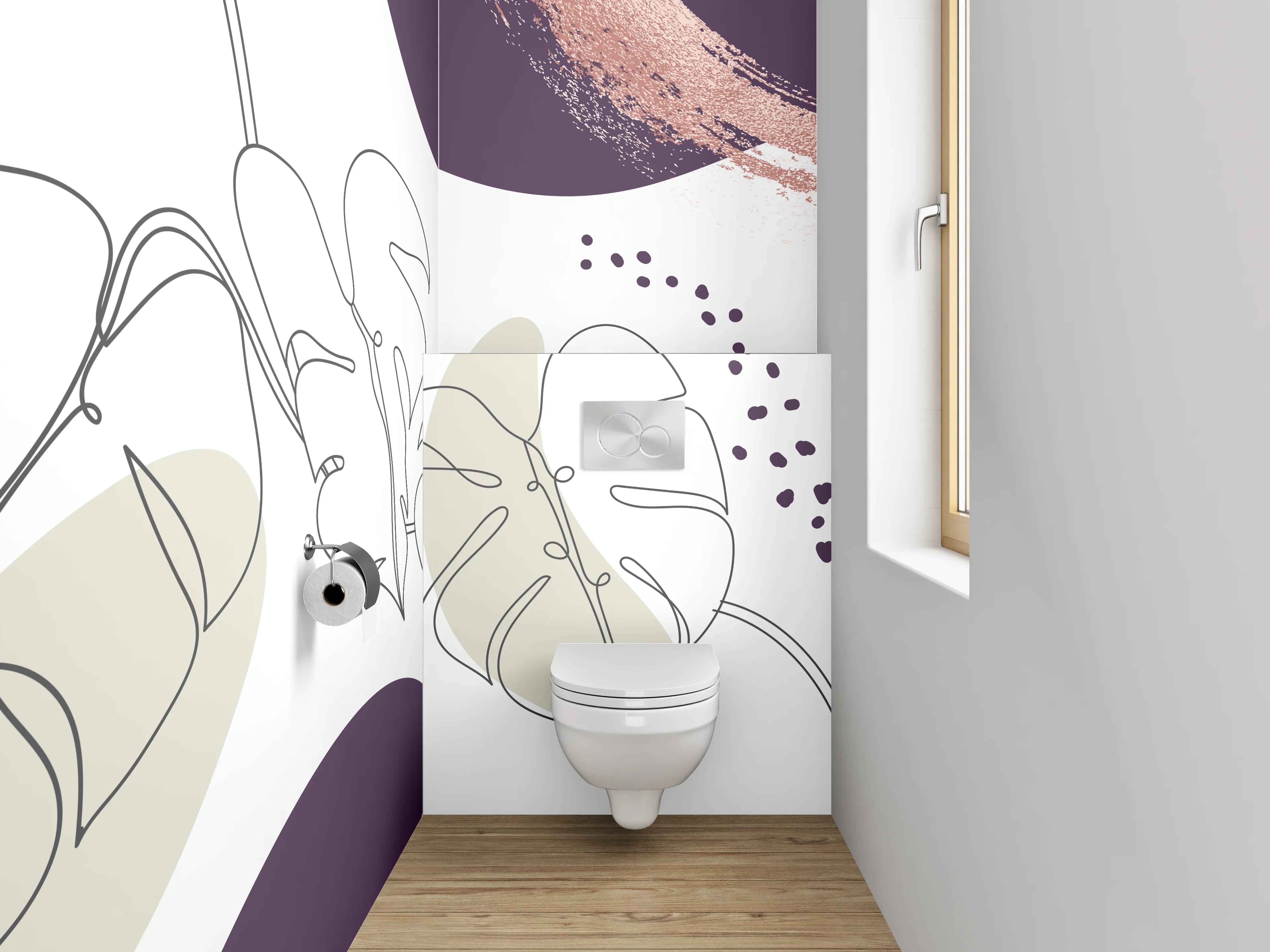 WC-Rückwand - Abstraktes Lineart Pflanzen Aquarell Lila