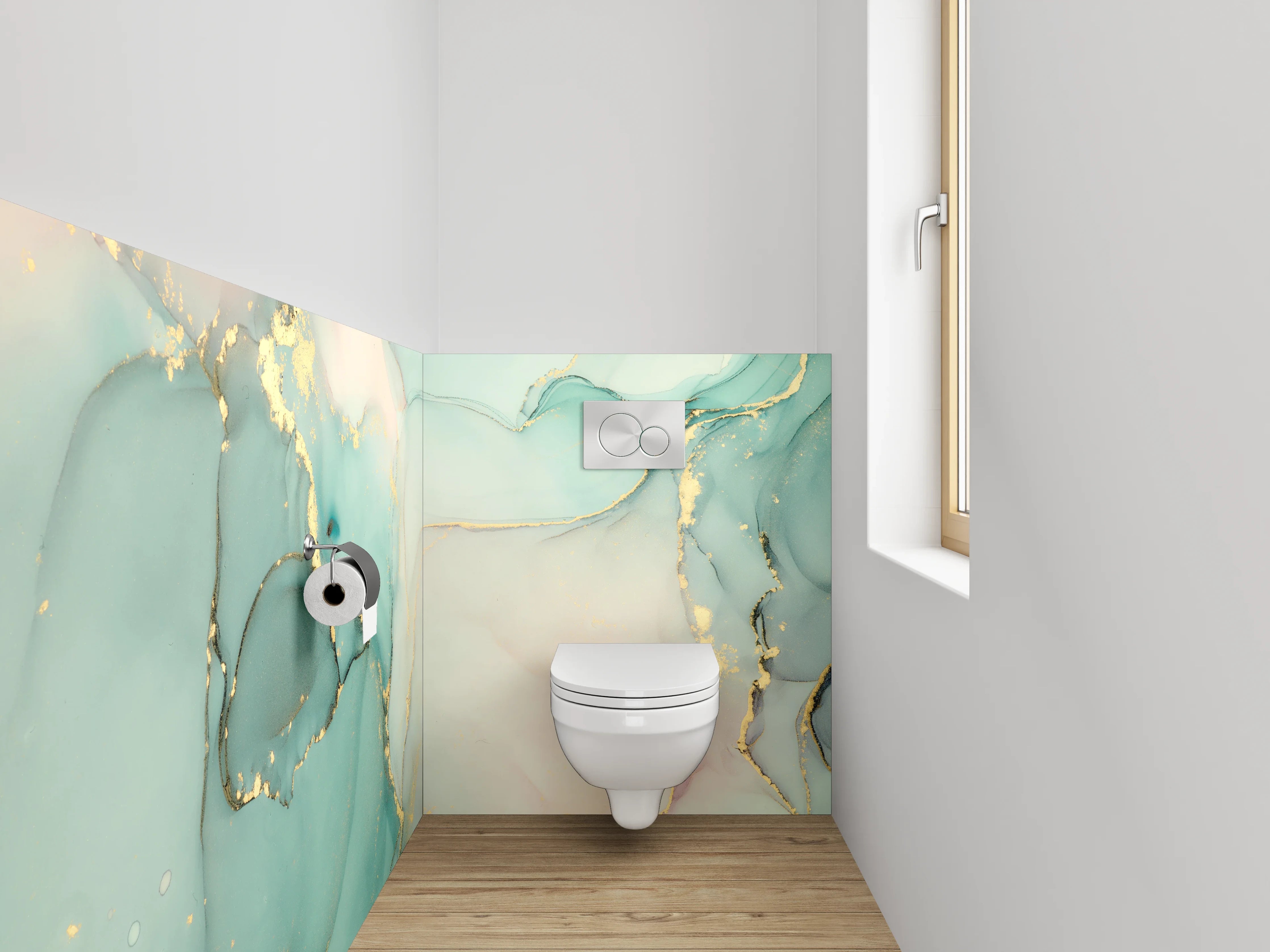 WC-Rückwand - Abstraktes Marmor Aquarell Türkis Gold