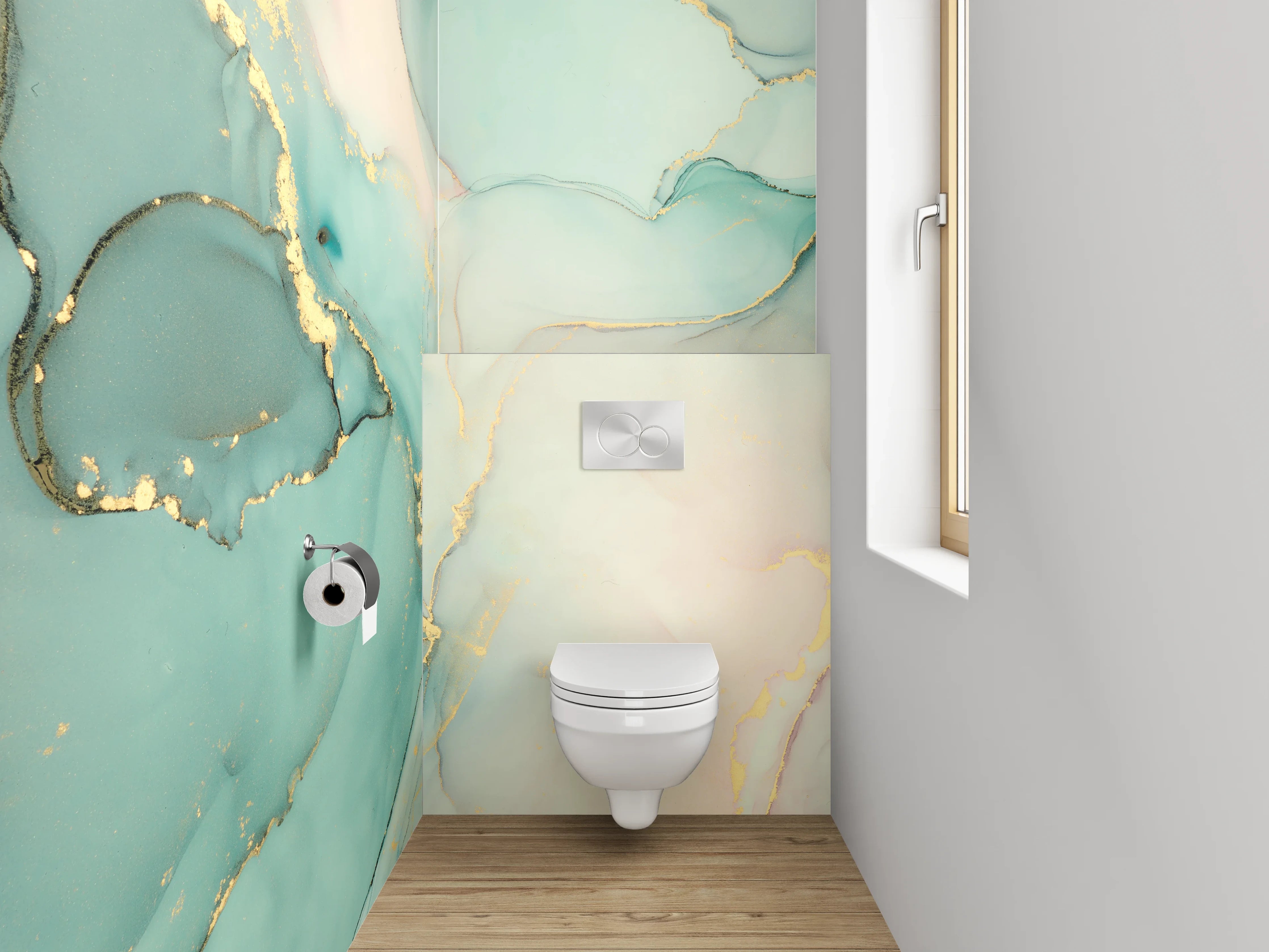WC-Rückwand - Abstraktes Marmor Aquarell Türkis Gold