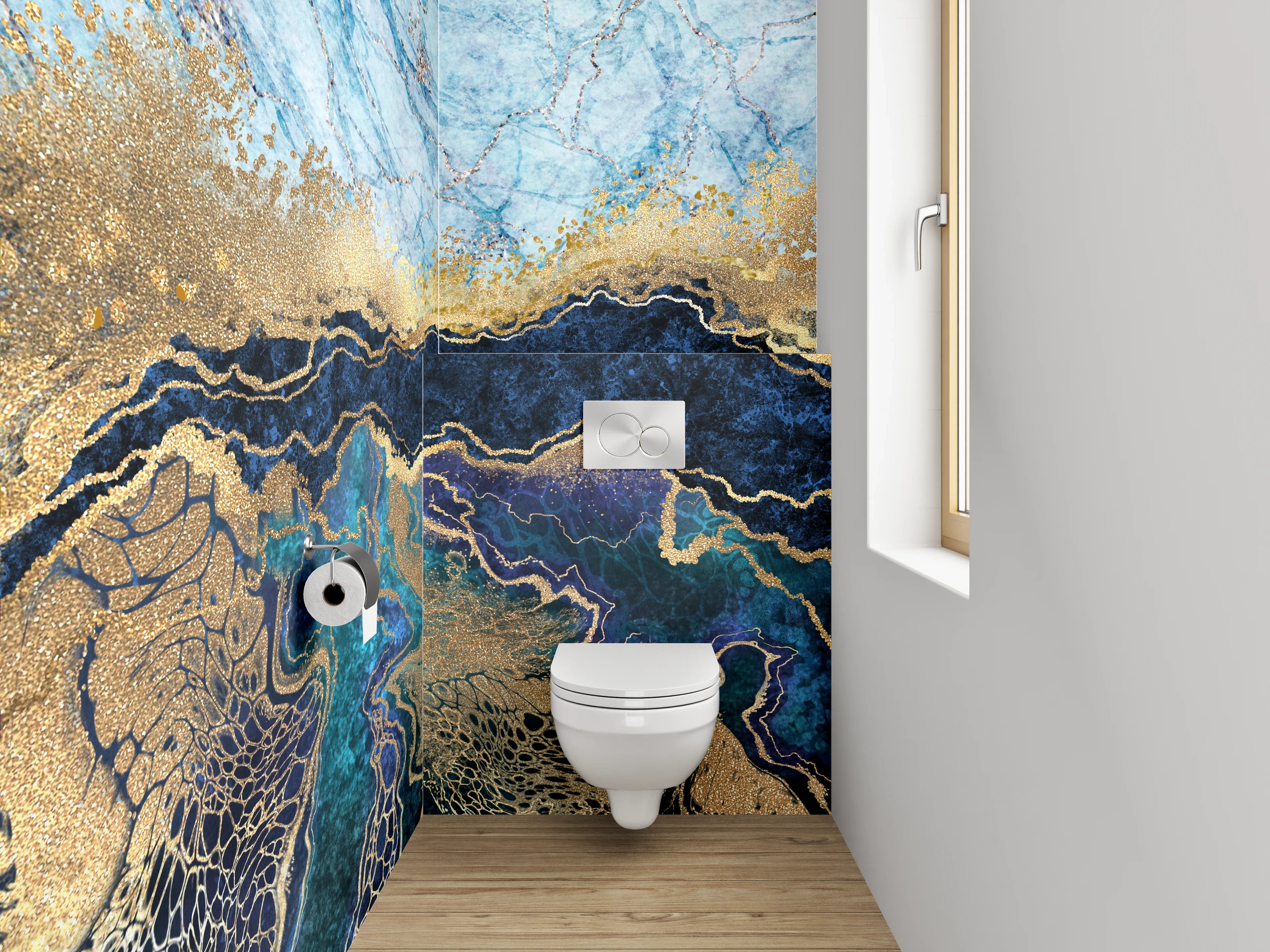 WC-Rückwand - Abstraktes Marmor Gold Blau Design
