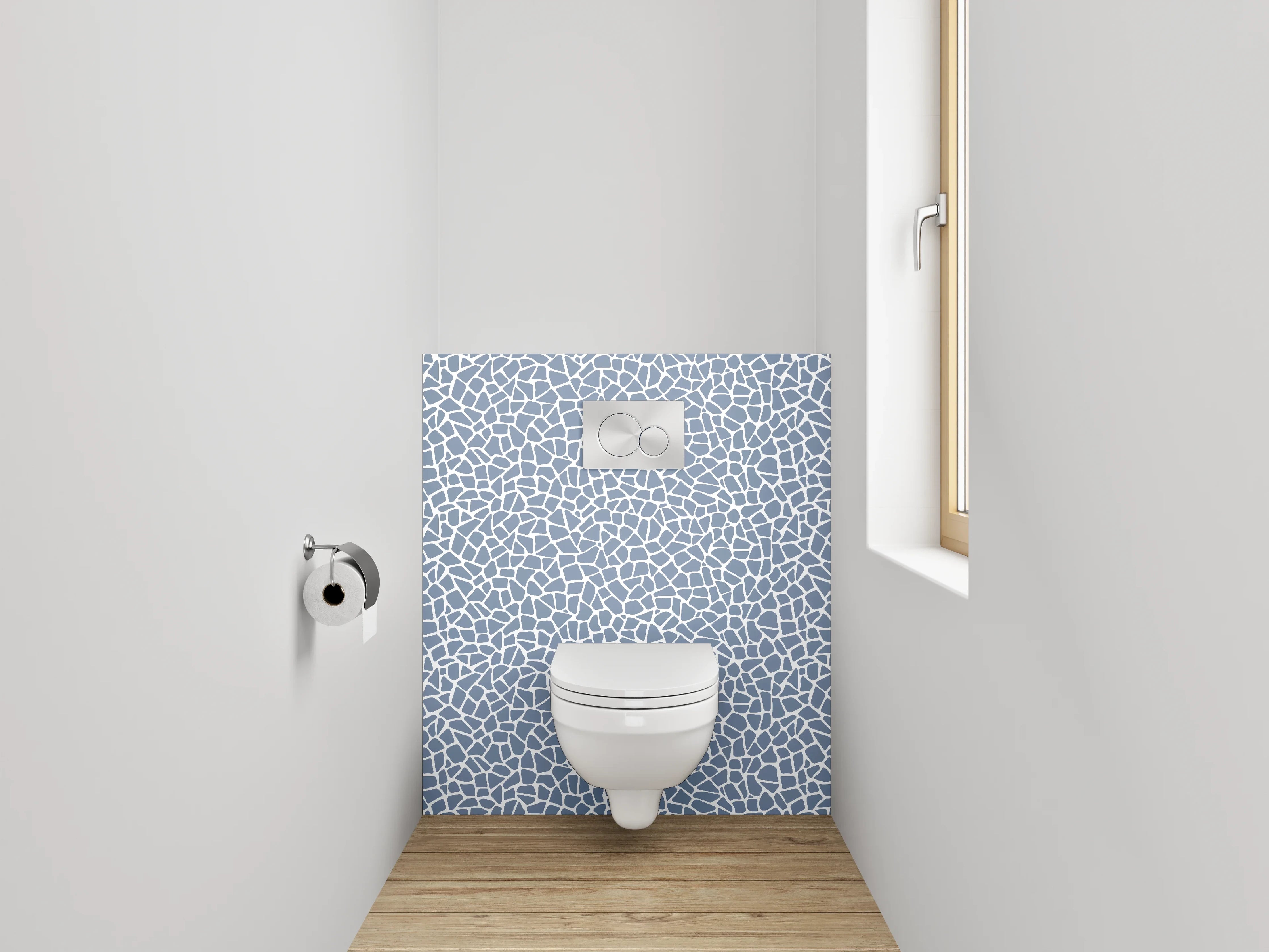 WC-Rückwand - Abstraktes Mosaikmuster in Blau und Weiß