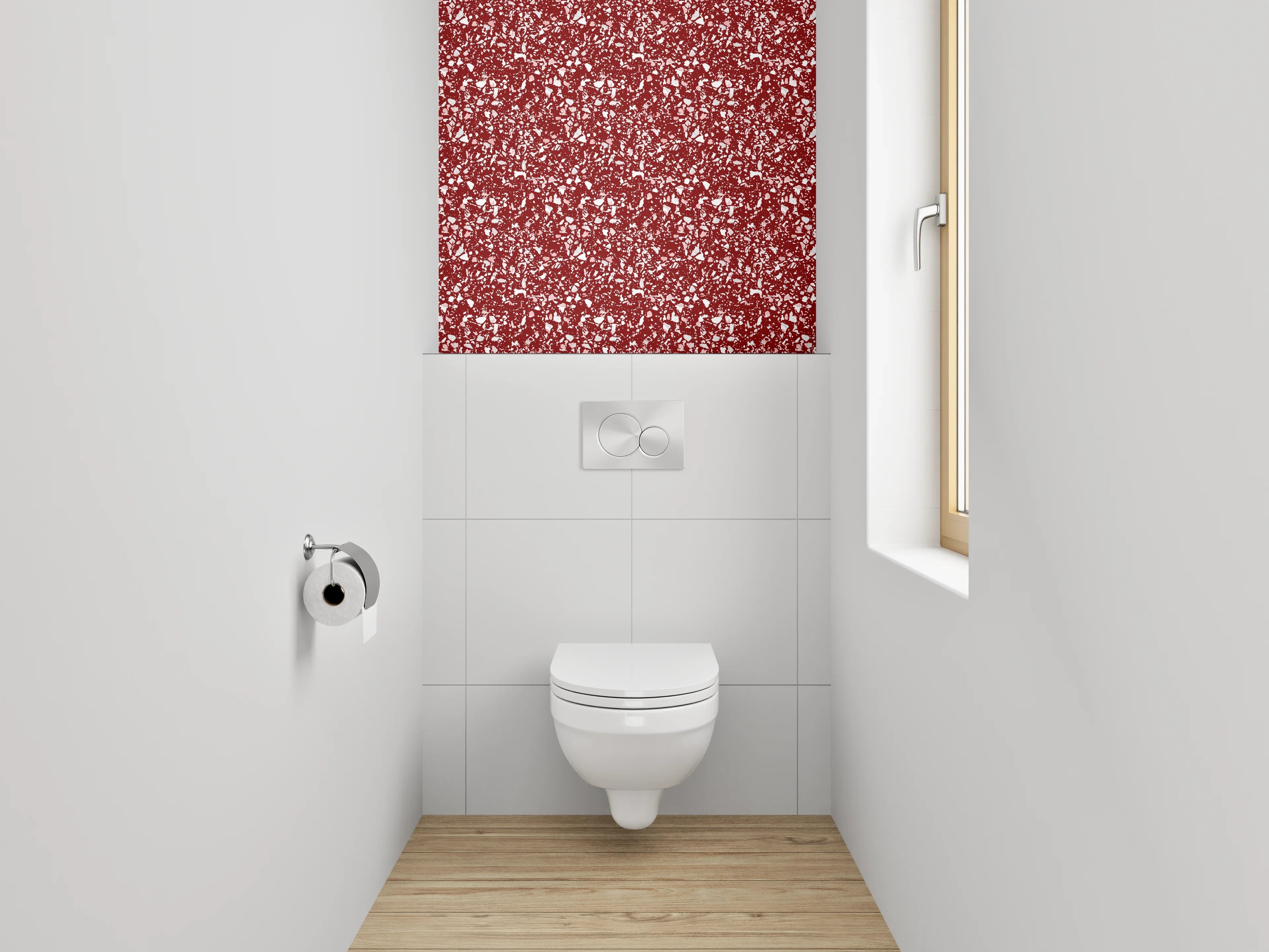 WC-Rückwand - Abstraktes Mosaikmuster in Rot-Weiß