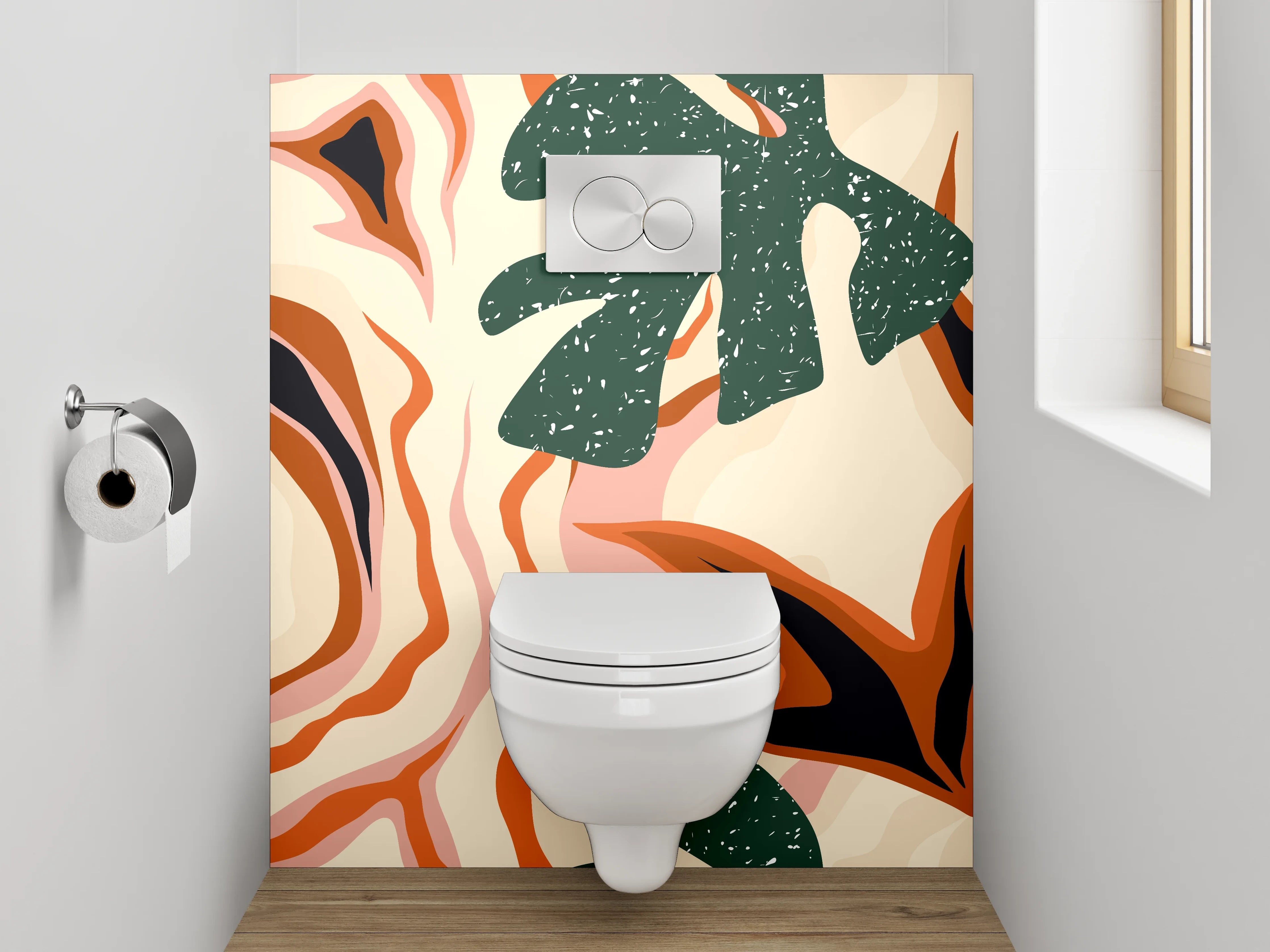 WC-Rückwand - Abstraktes Retro-Pflanzenmuster Orange Grün