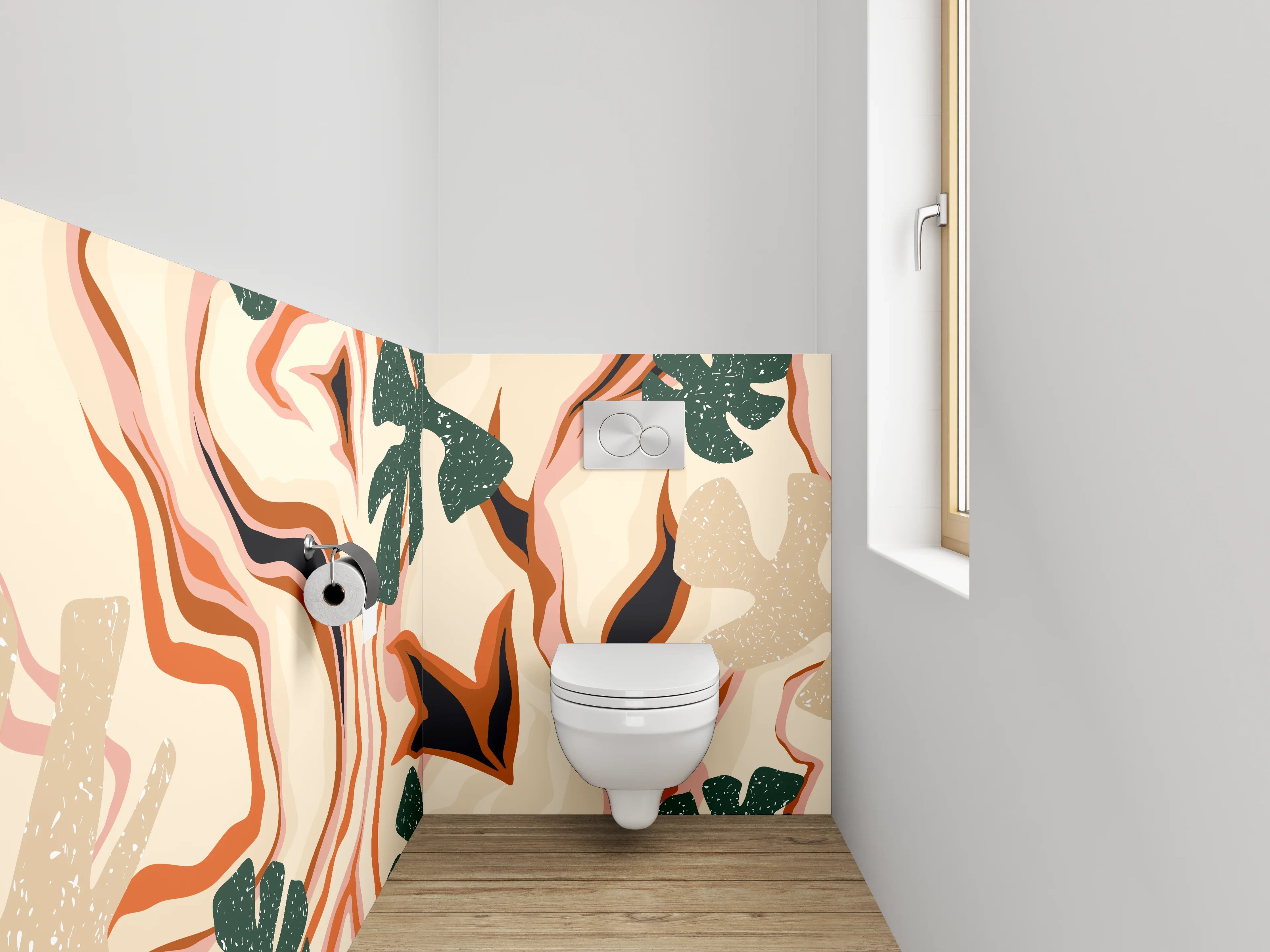 WC-Rückwand - Abstraktes Retro-Pflanzenmuster Orange Grün