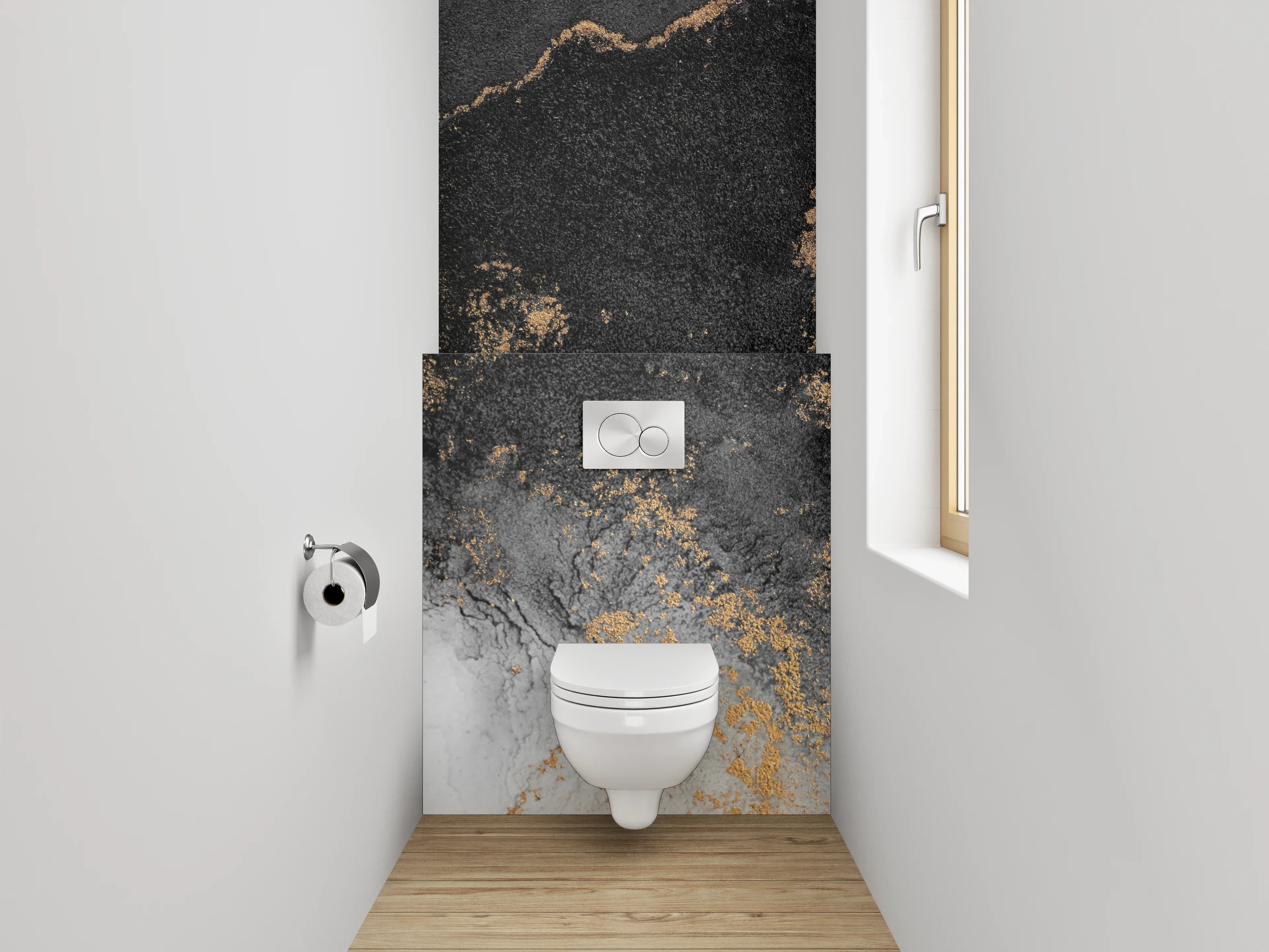 WC-Rückwand - Abstraktes Schwarz-Gold-Marmor Design