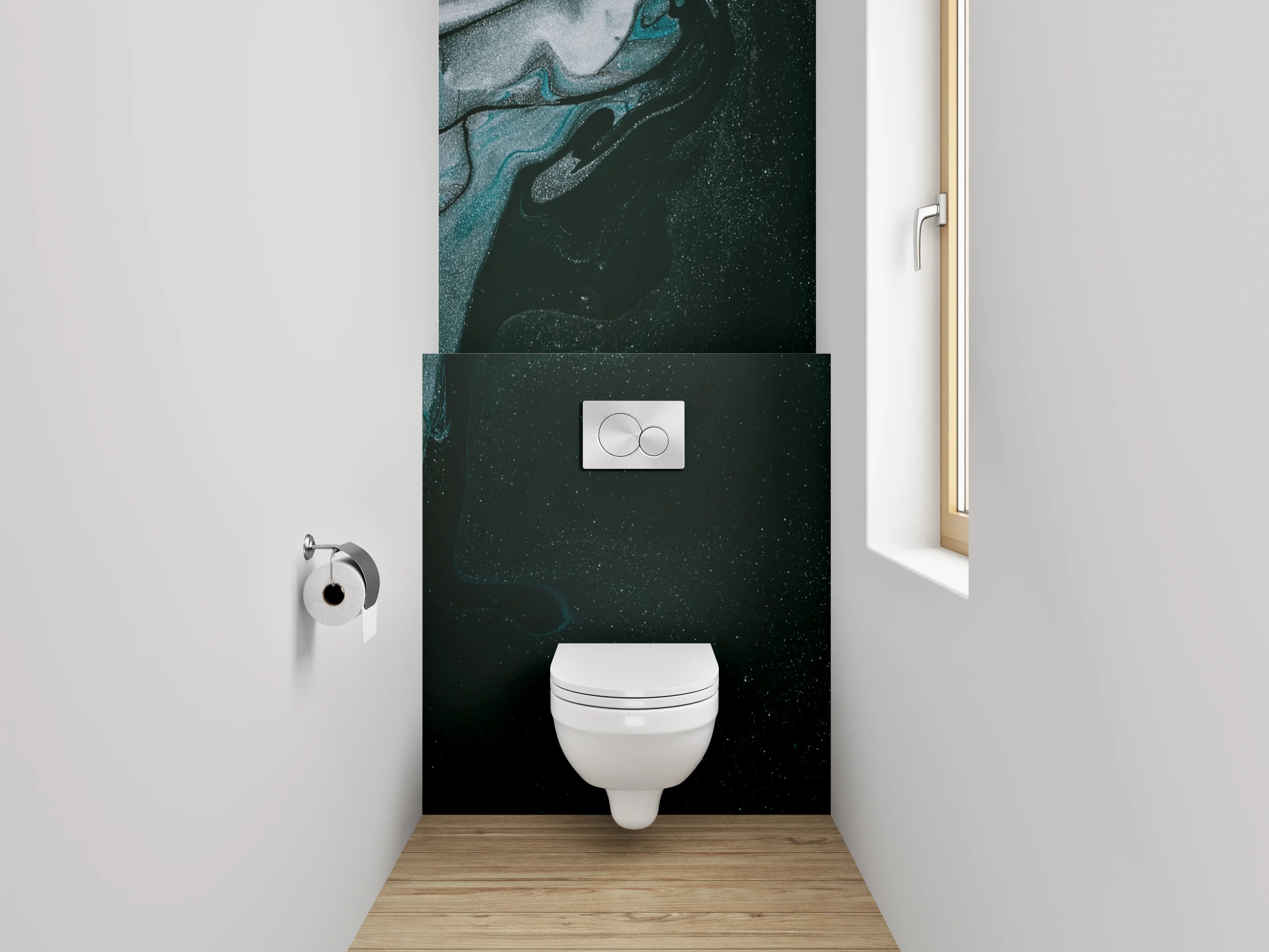 WC-Rückwand - Abstraktes Schwarz-Marmor-Design