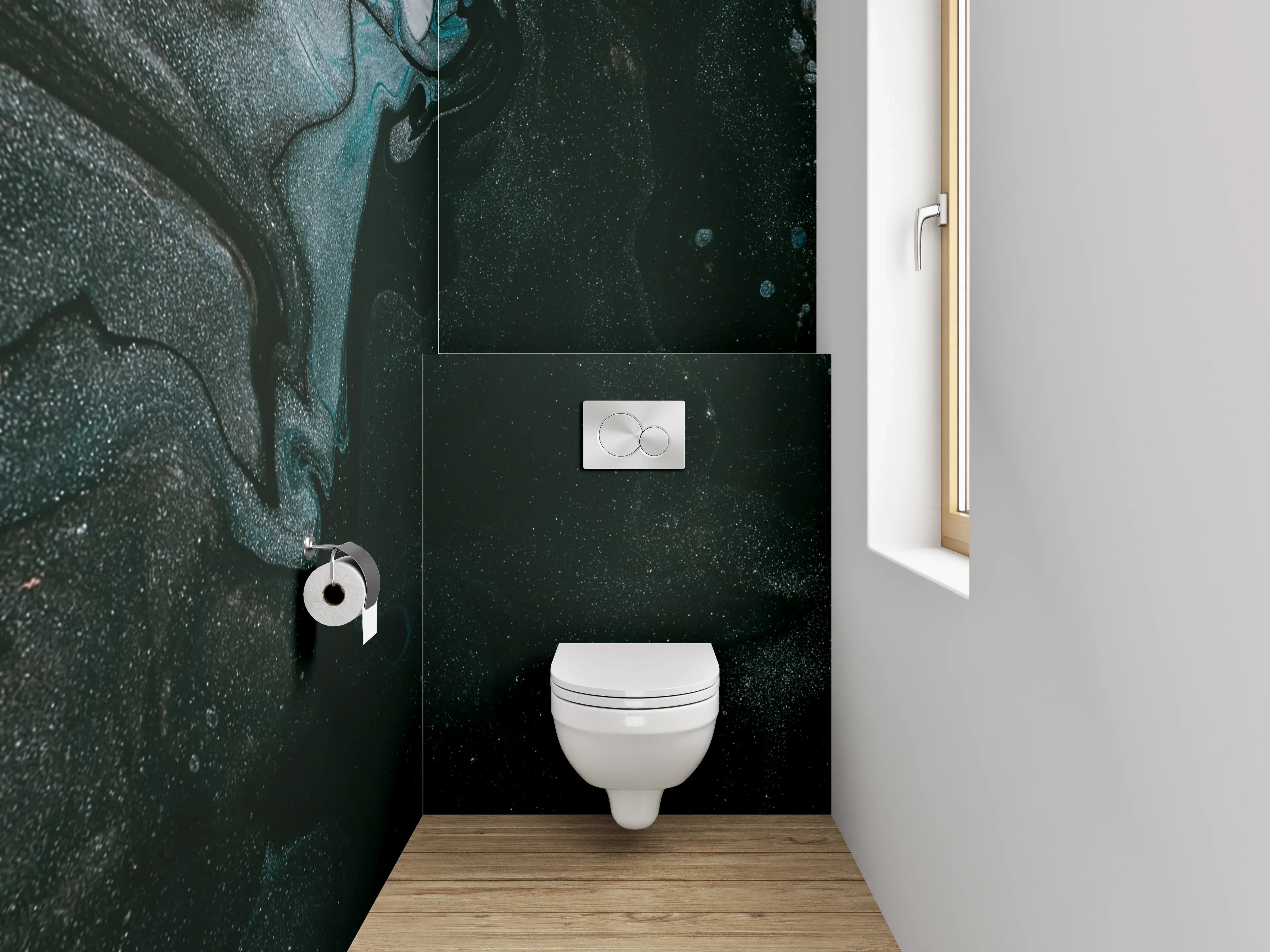 WC-Rückwand - Abstraktes Schwarz-Marmor-Design