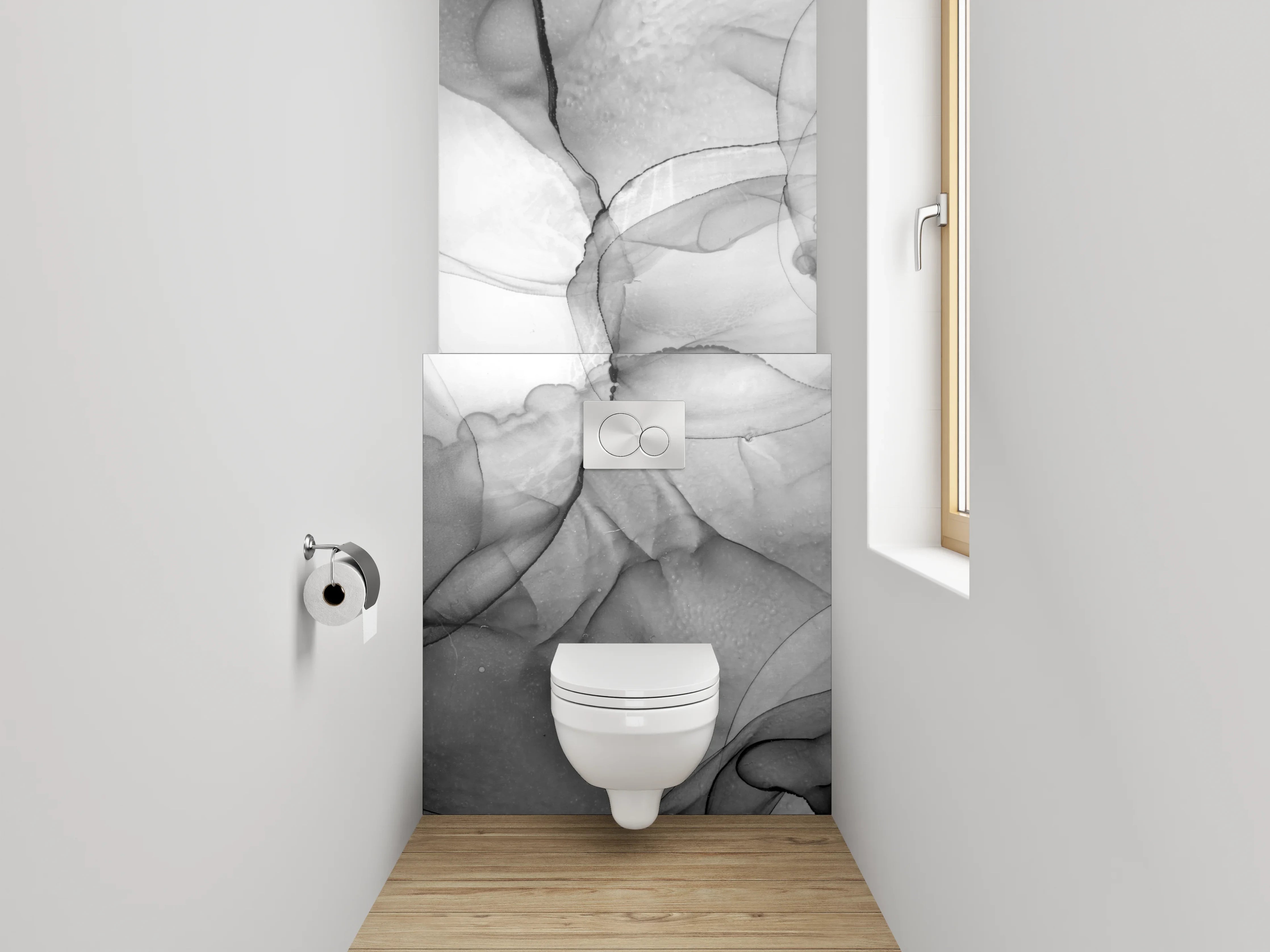 WC-Rückwand - Abstraktes Schwarz-Weiß-Kunstwerk