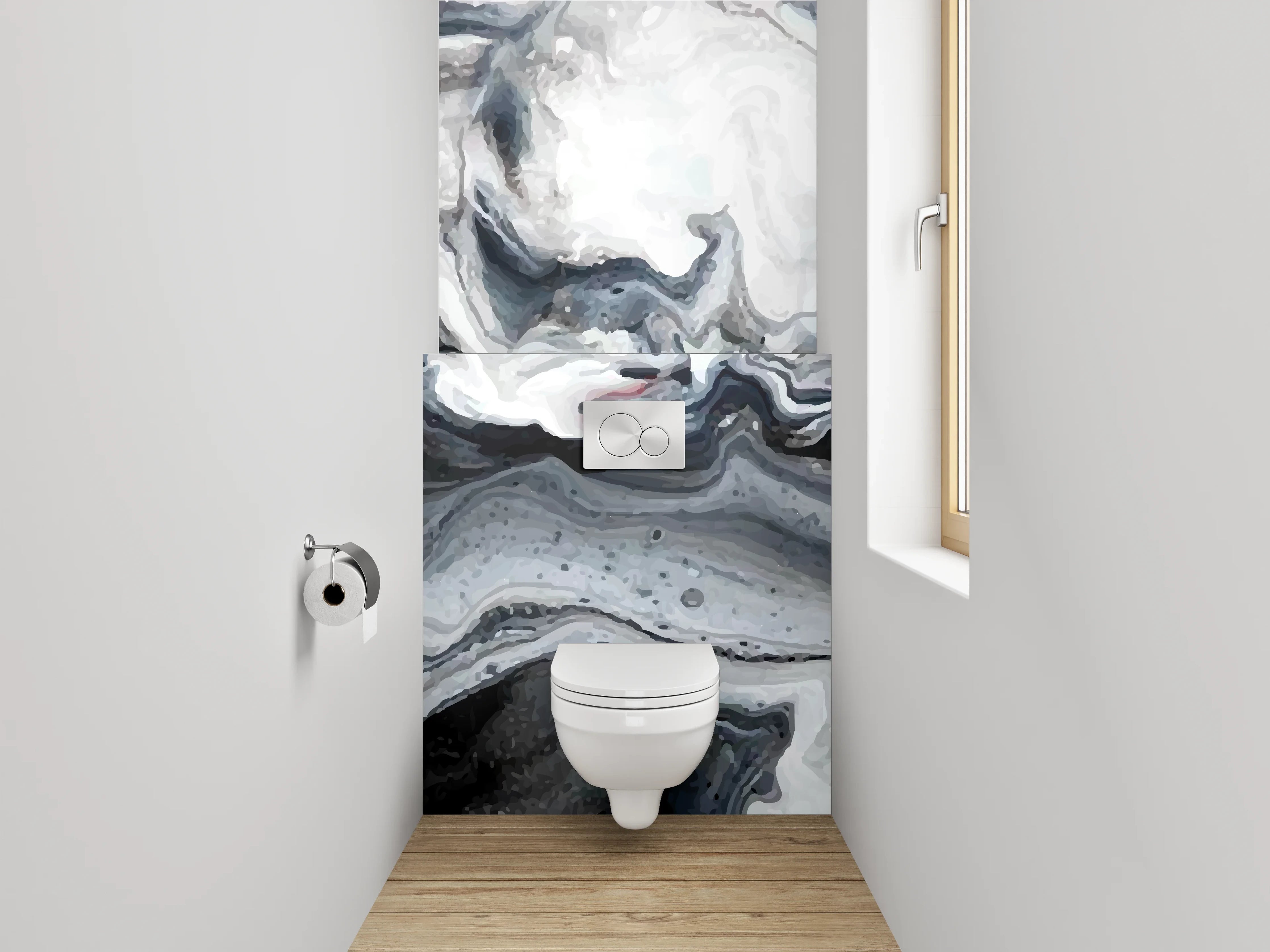 WC-Rückwand - Abstraktes Schwarz-Weiß-Marmor Design