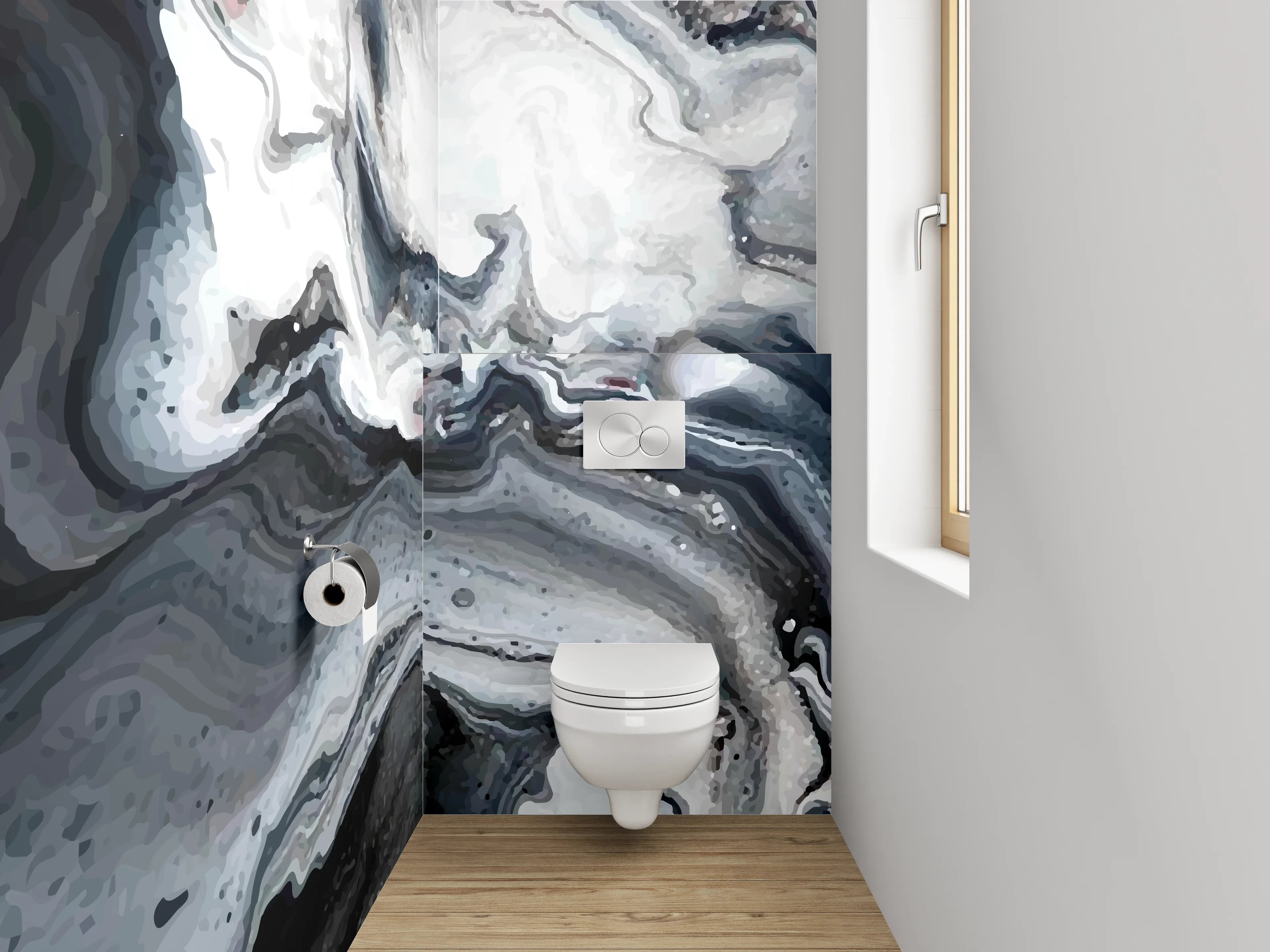 WC-Rückwand - Abstraktes Schwarz-Weiß-Marmor Design