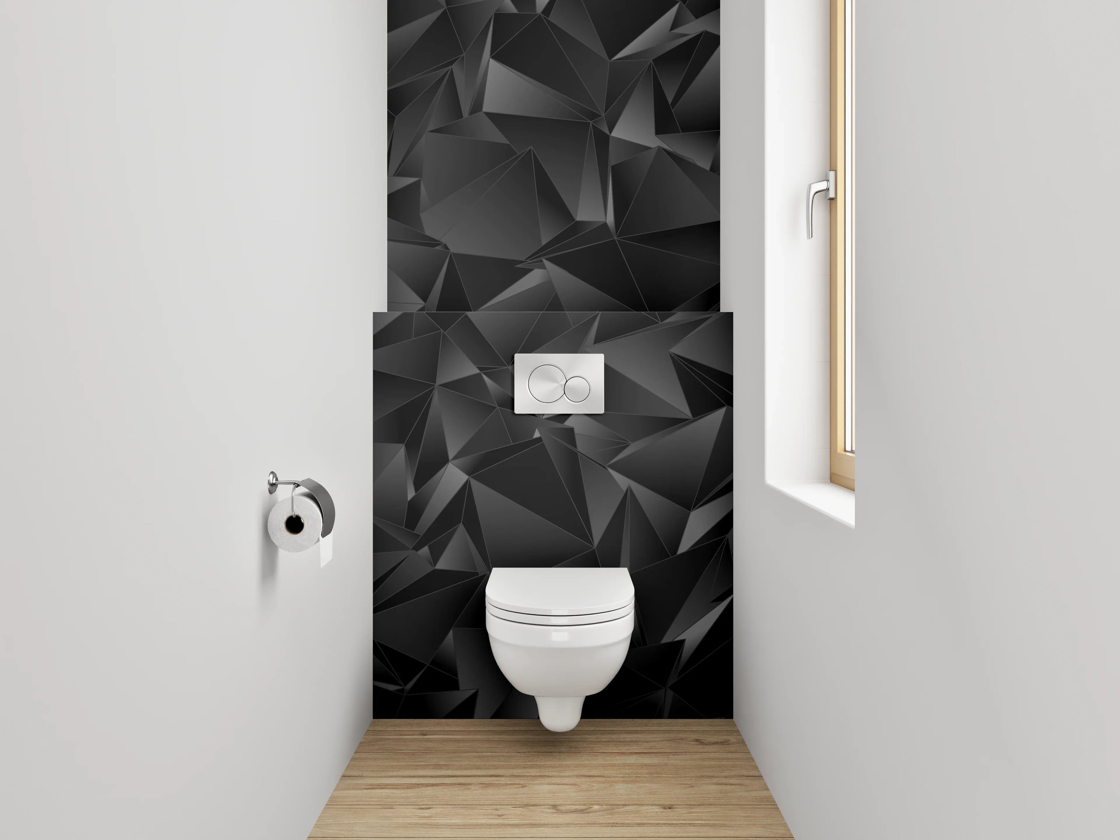 WC-Rückwand - Abstraktes schwarzes 3D-Polygon-Muster