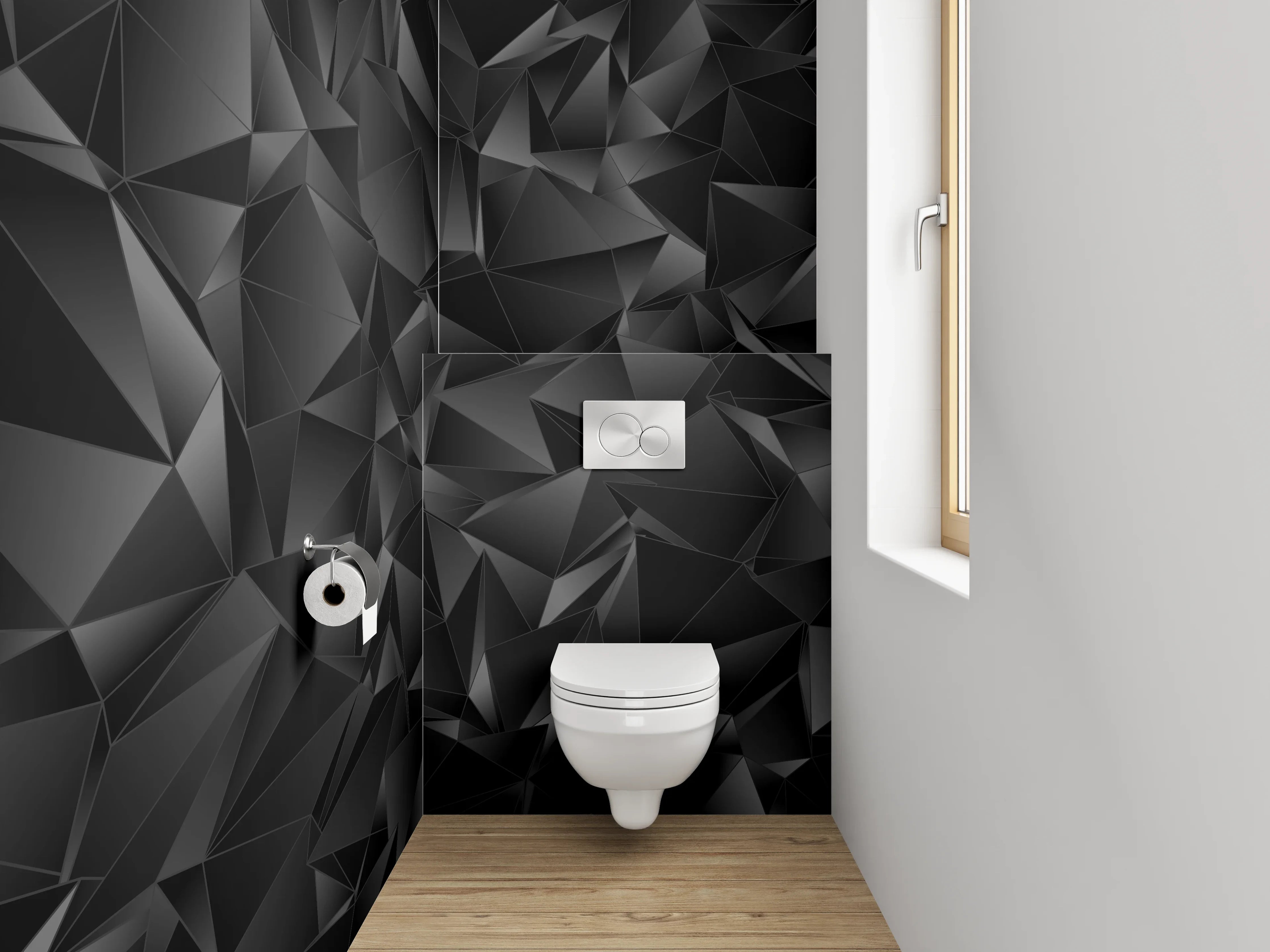 WC-Rückwand - Abstraktes schwarzes 3D-Polygon-Muster