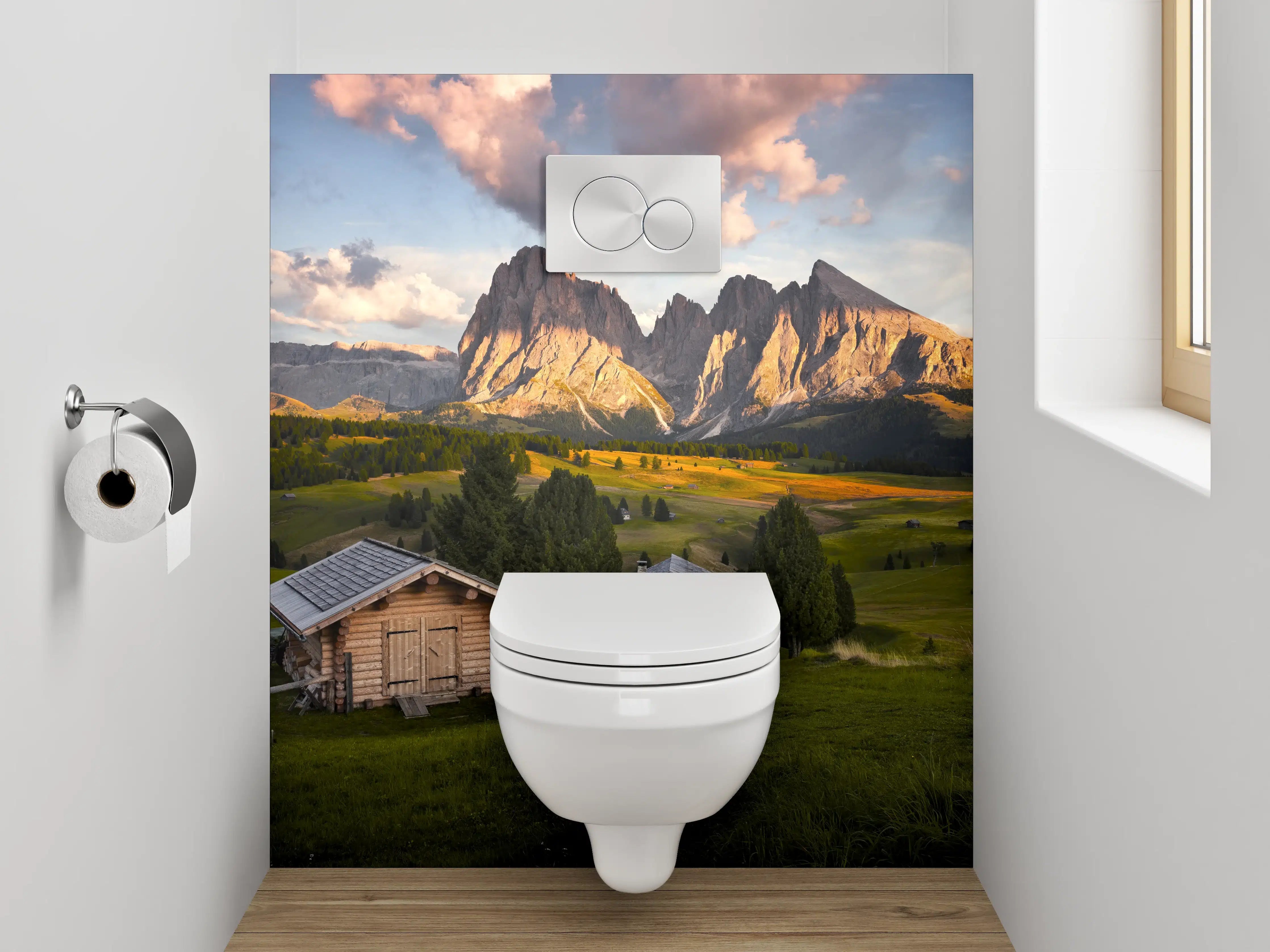 WC-Rückwand - Almhütten-Panorama mit Dolomitenblick