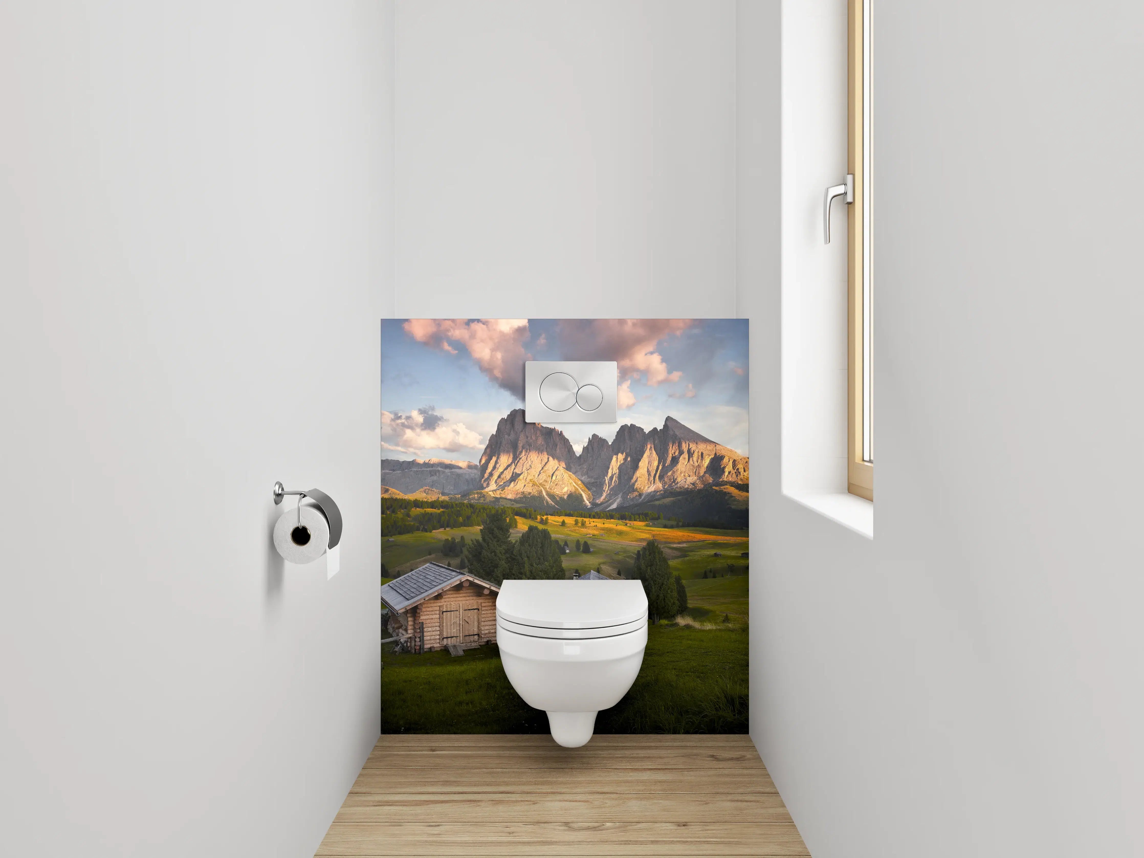 WC-Rückwand - Almhütten-Panorama mit Dolomitenblick