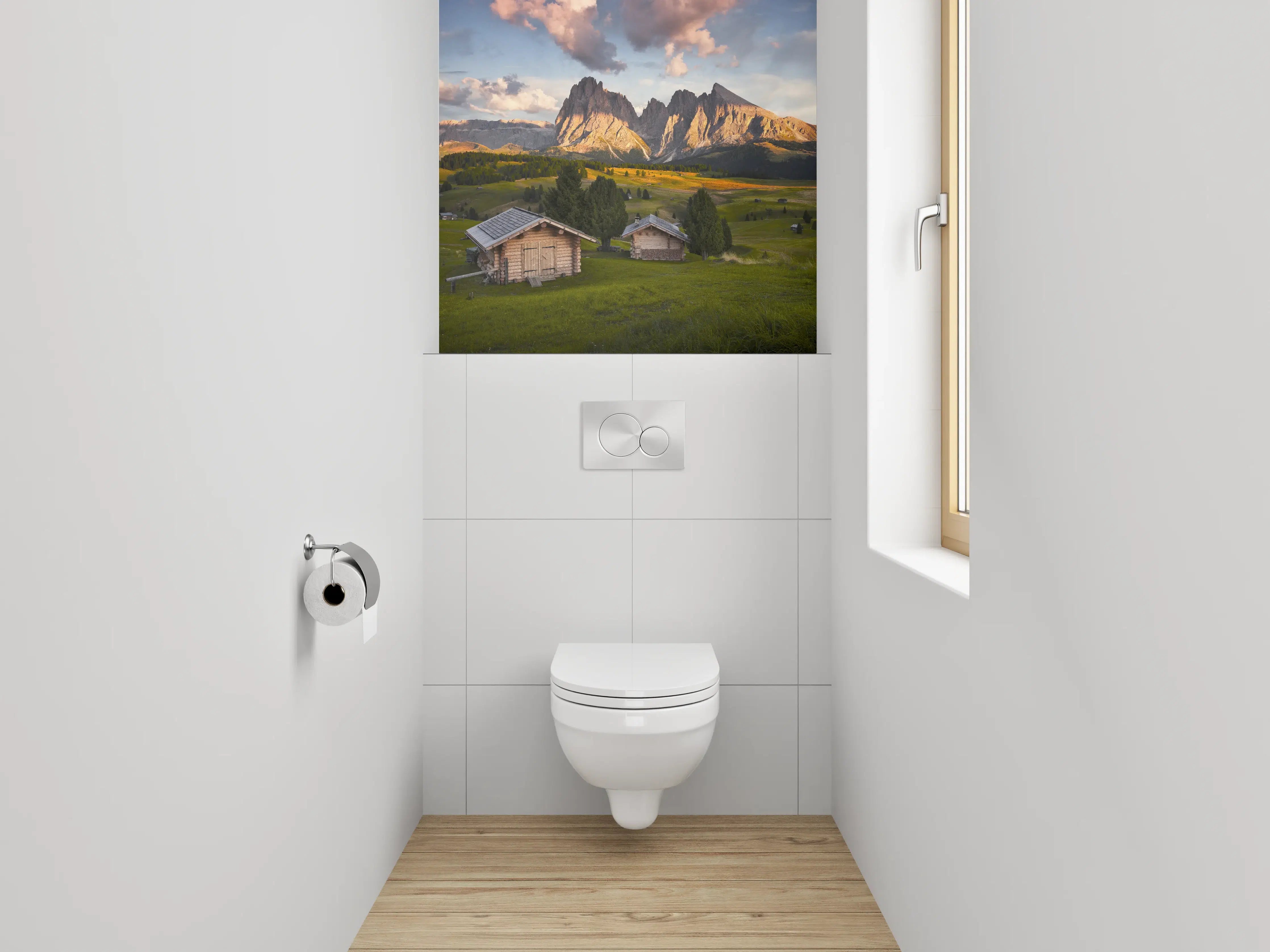 WC-Rückwand - Almhütten-Panorama mit Dolomitenblick