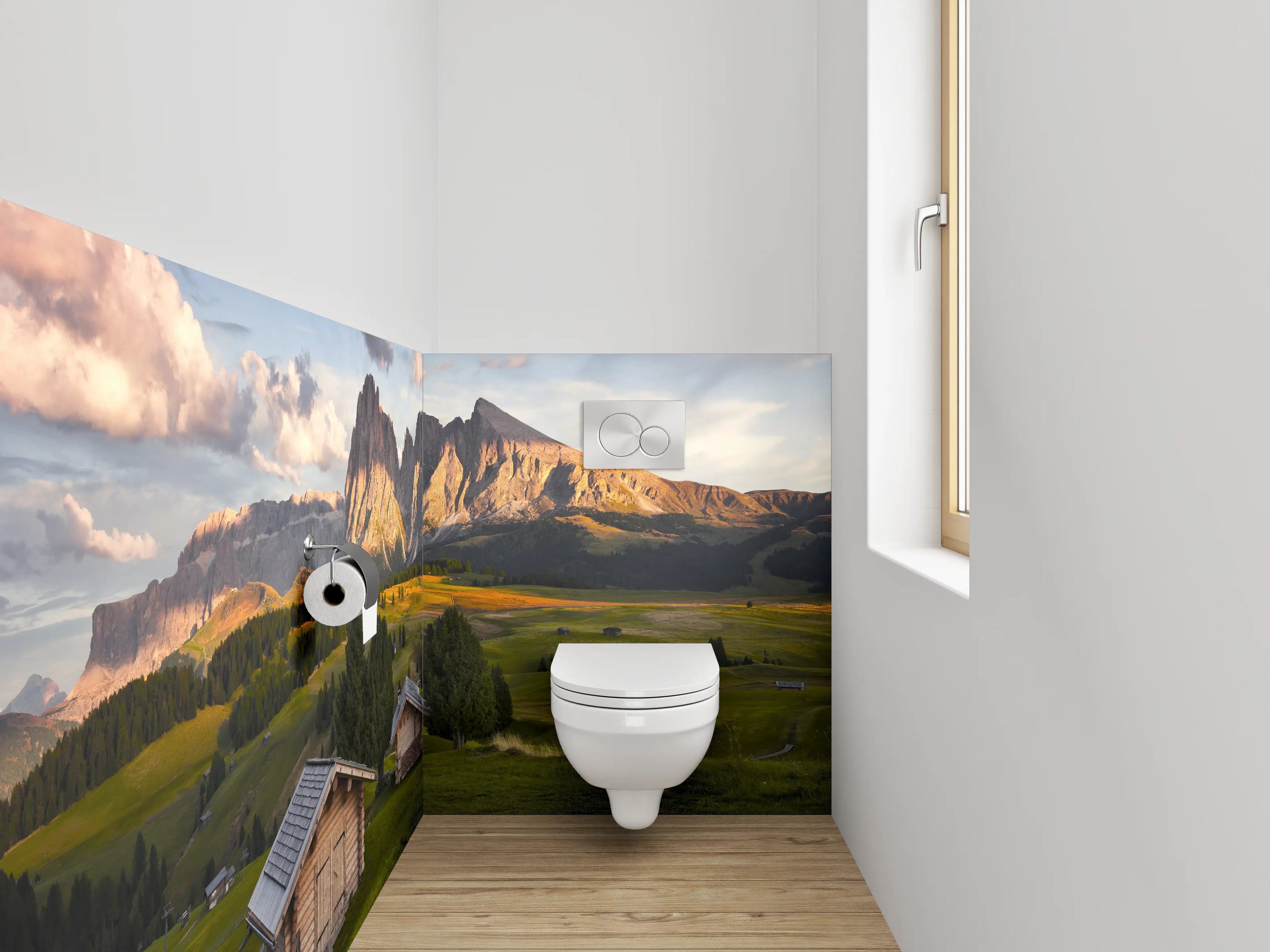 WC-Rückwand - Almhütten-Panorama mit Dolomitenblick