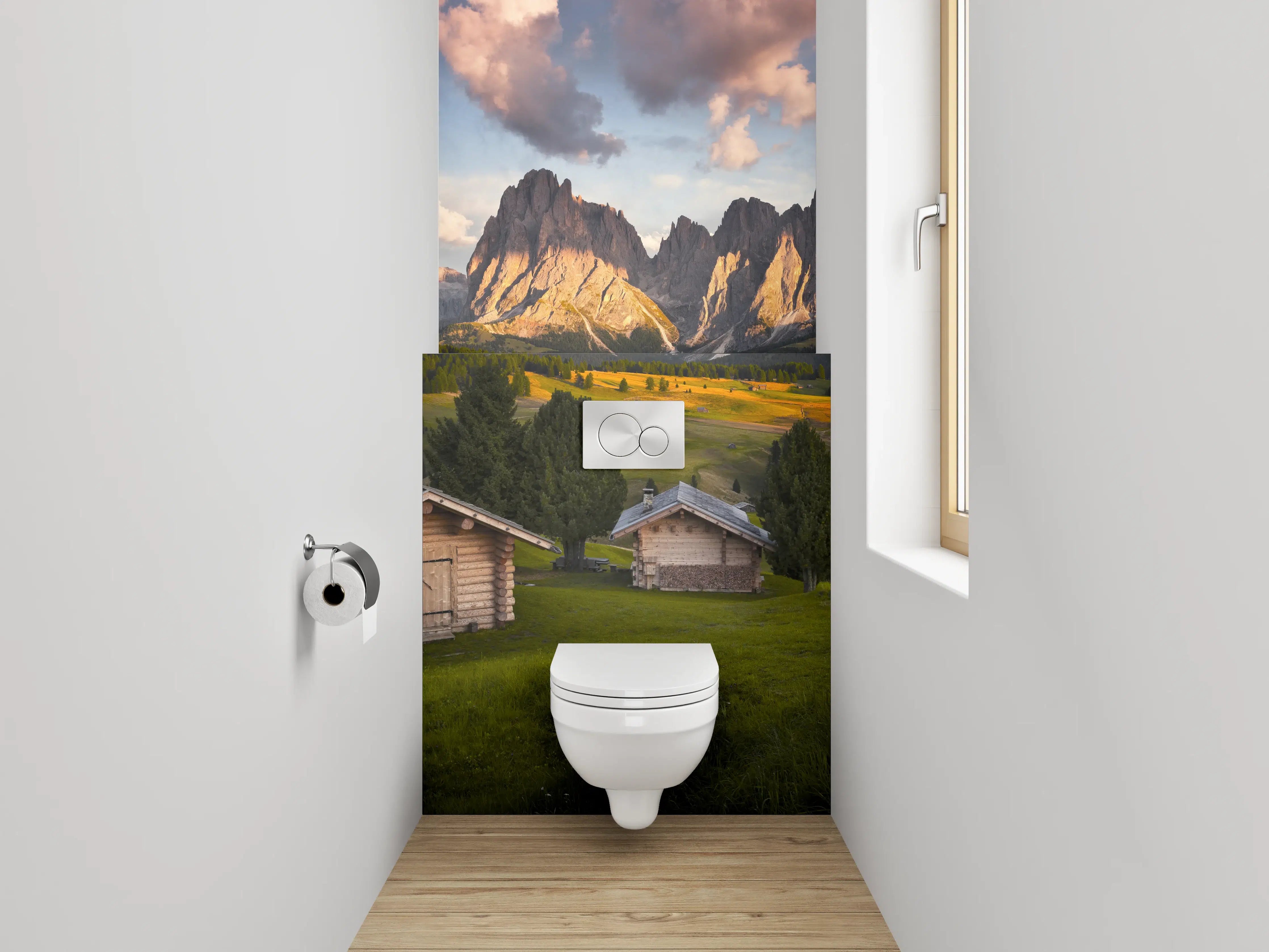 WC-Rückwand - Almhütten-Panorama mit Dolomitenblick