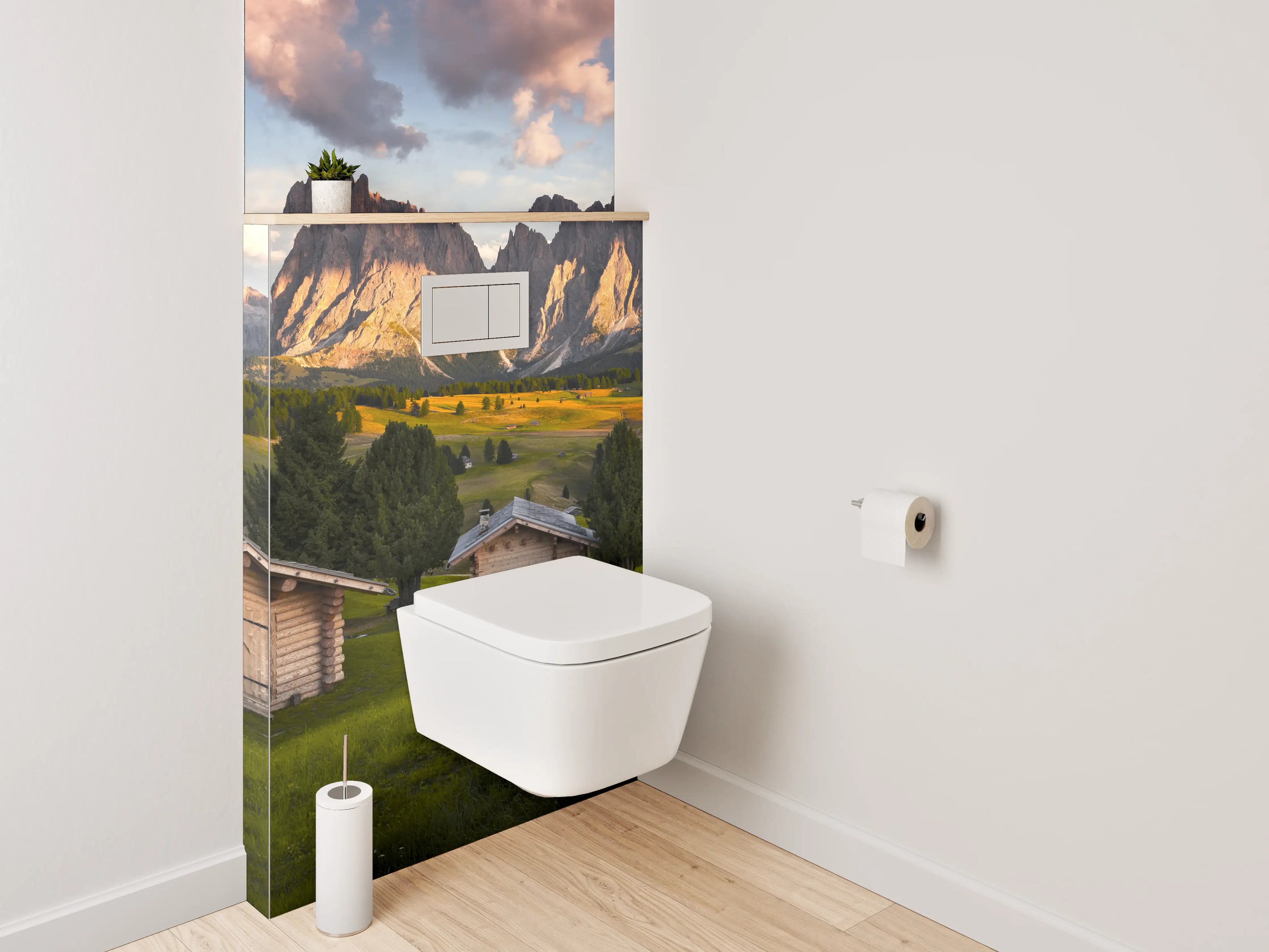 WC-Rückwand - Almhütten-Panorama mit Dolomitenblick