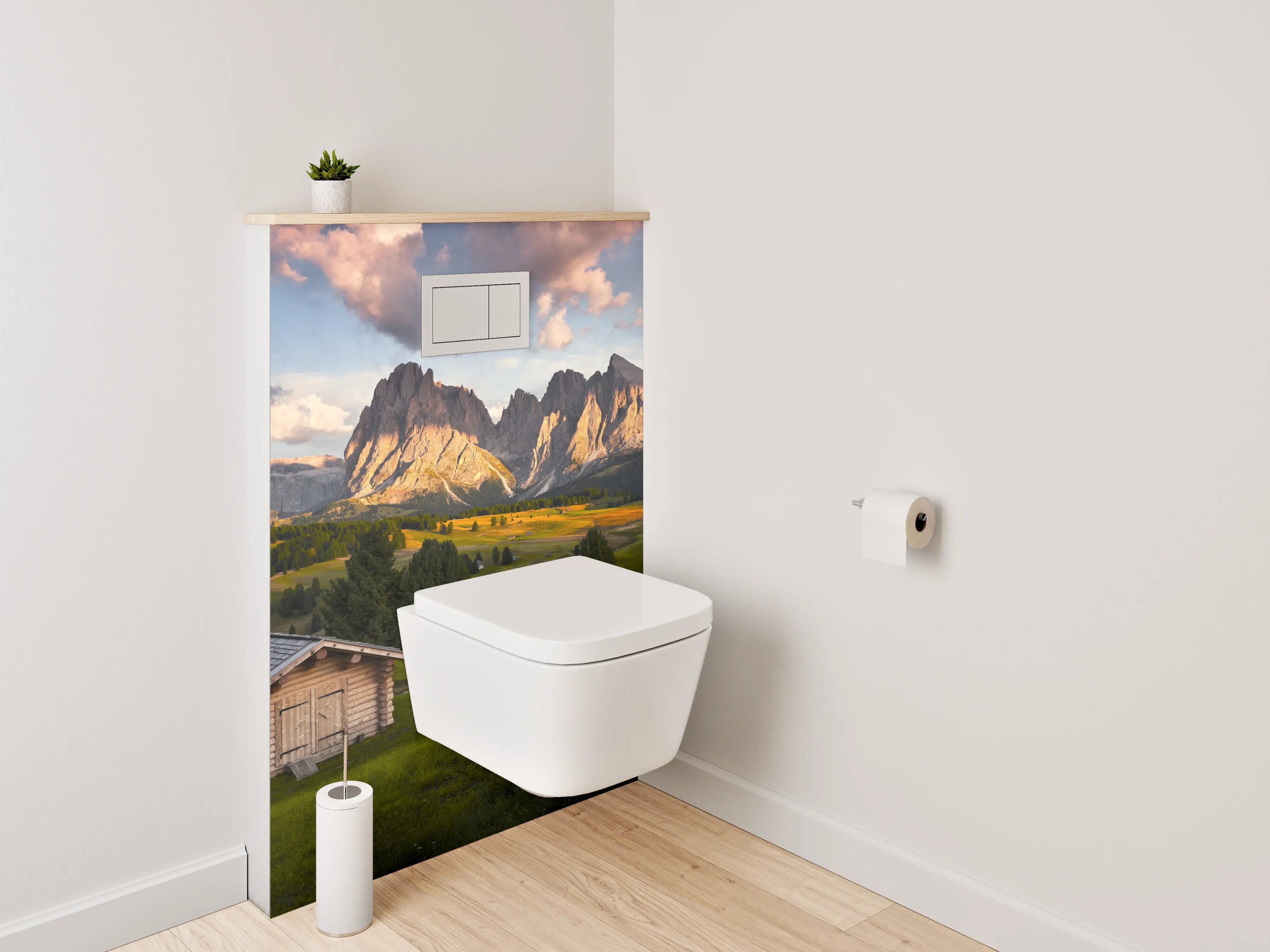 WC-Rückwand - Almhütten-Panorama mit Dolomitenblick