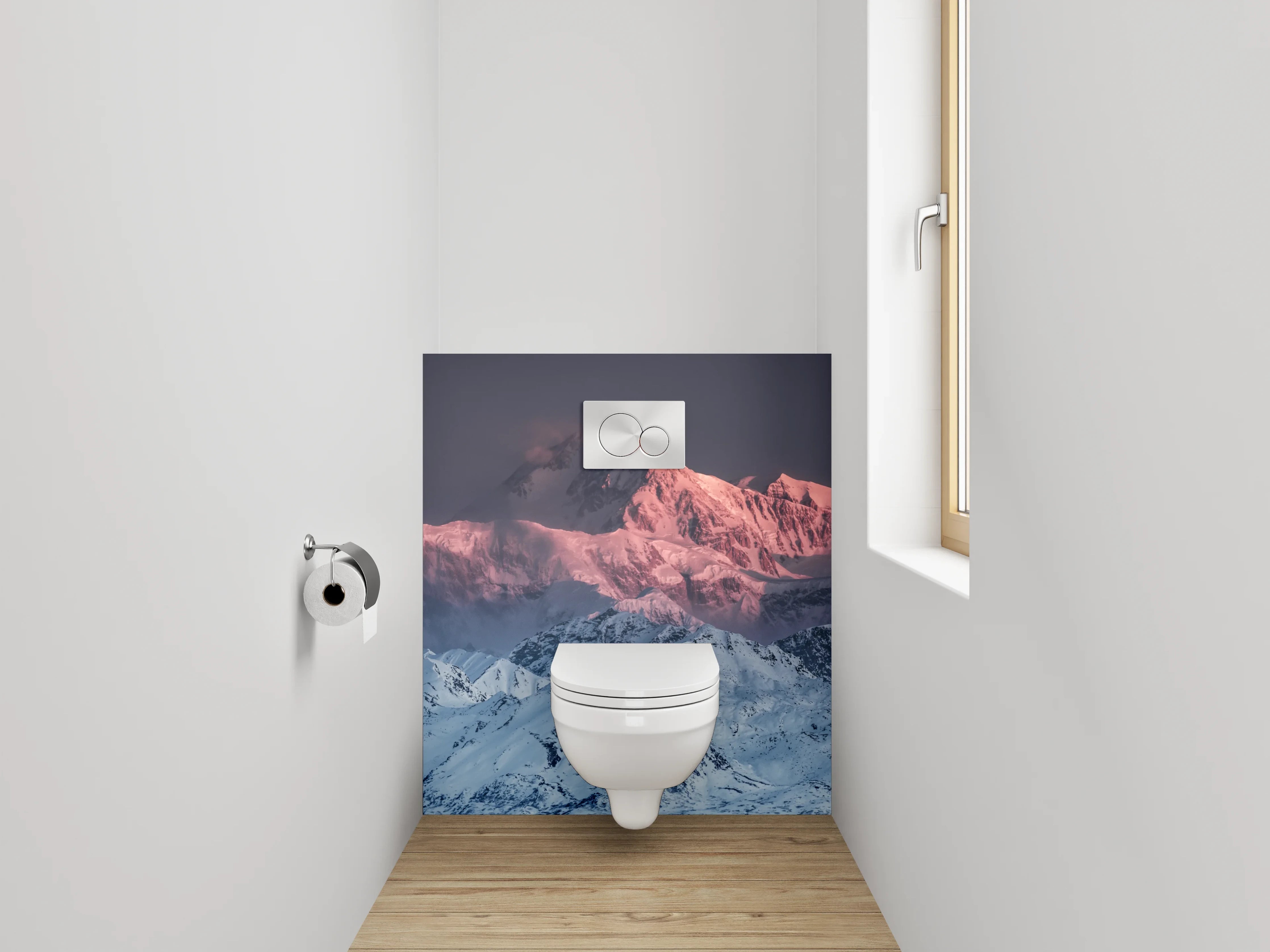 WC-Rückwand - Alpenglühen: Verschneite Berglandschaft zur Blauen Stunde