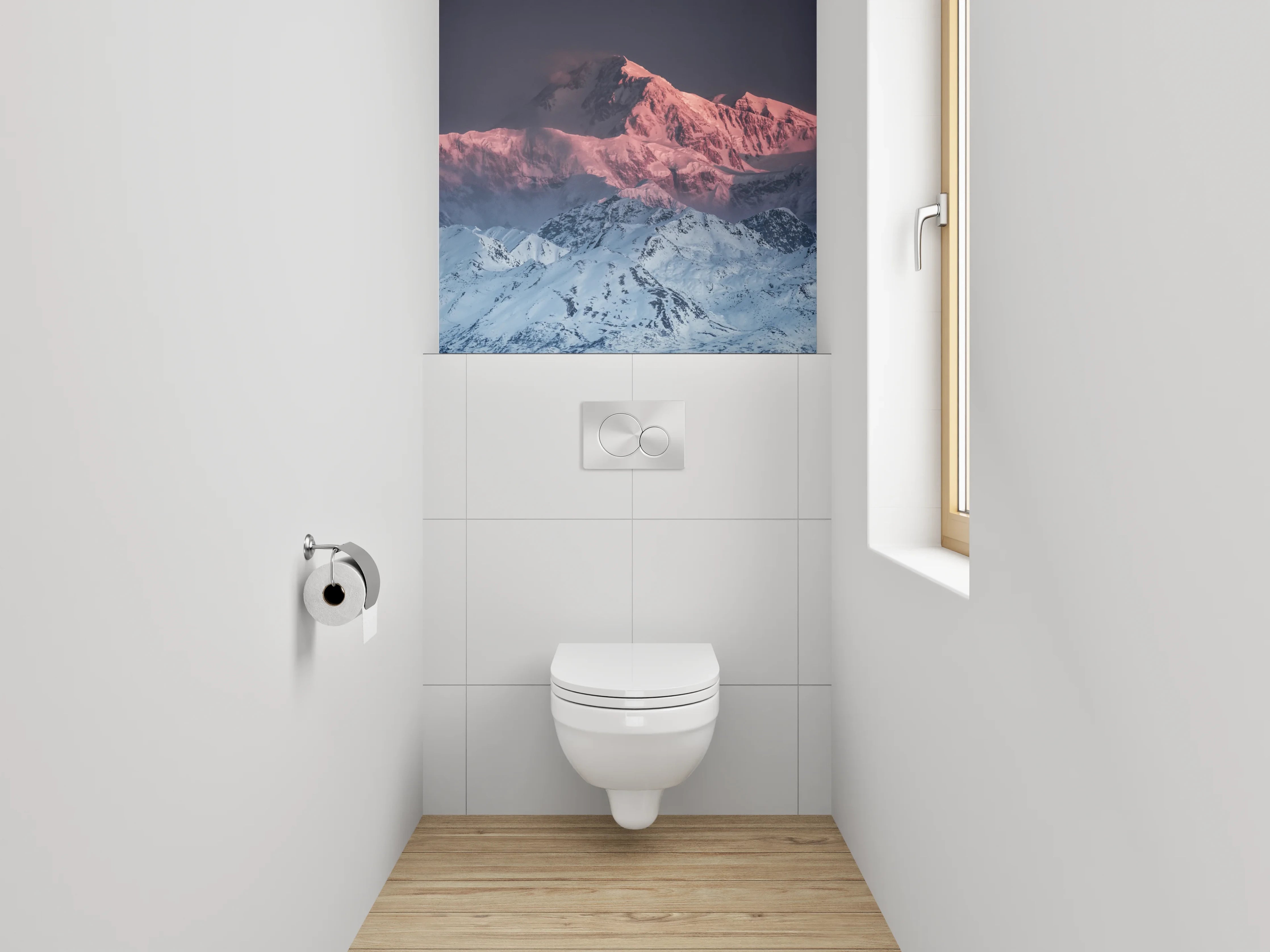 WC-Rückwand - Alpenglühen: Verschneite Berglandschaft zur Blauen Stunde