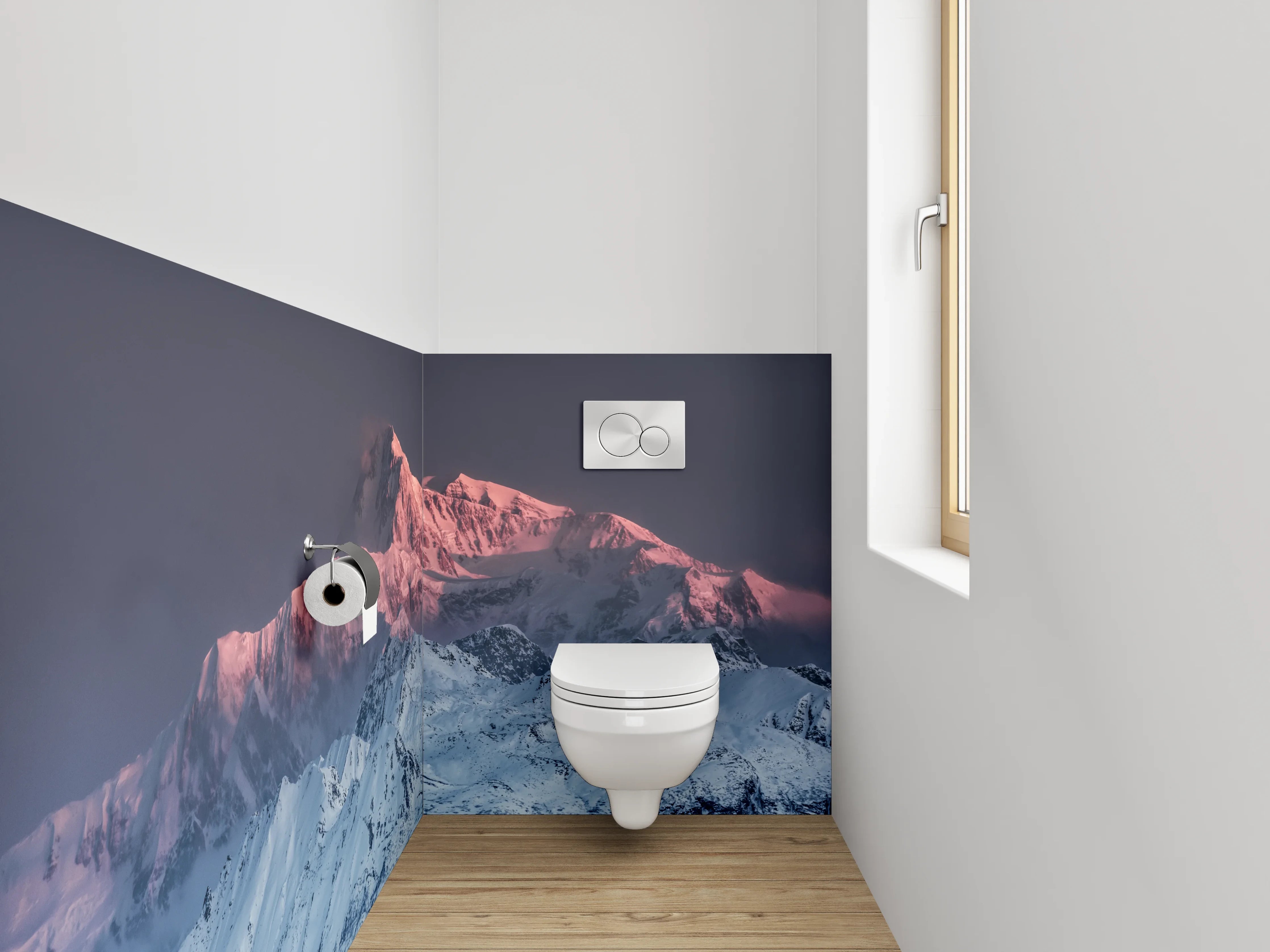 WC-Rückwand - Alpenglühen: Verschneite Berglandschaft zur Blauen Stunde