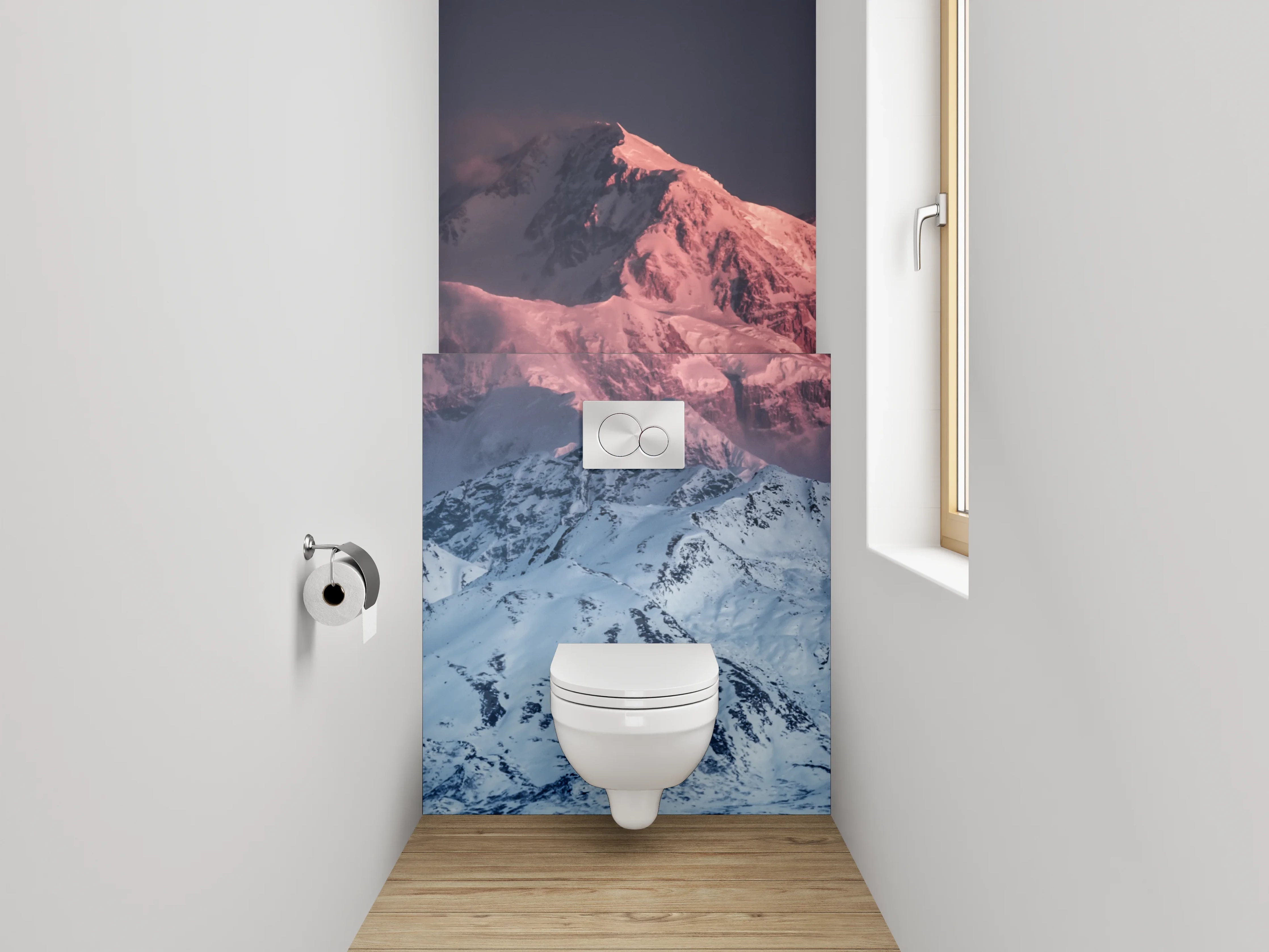WC-Rückwand - Alpenglühen: Verschneite Berglandschaft zur Blauen Stunde