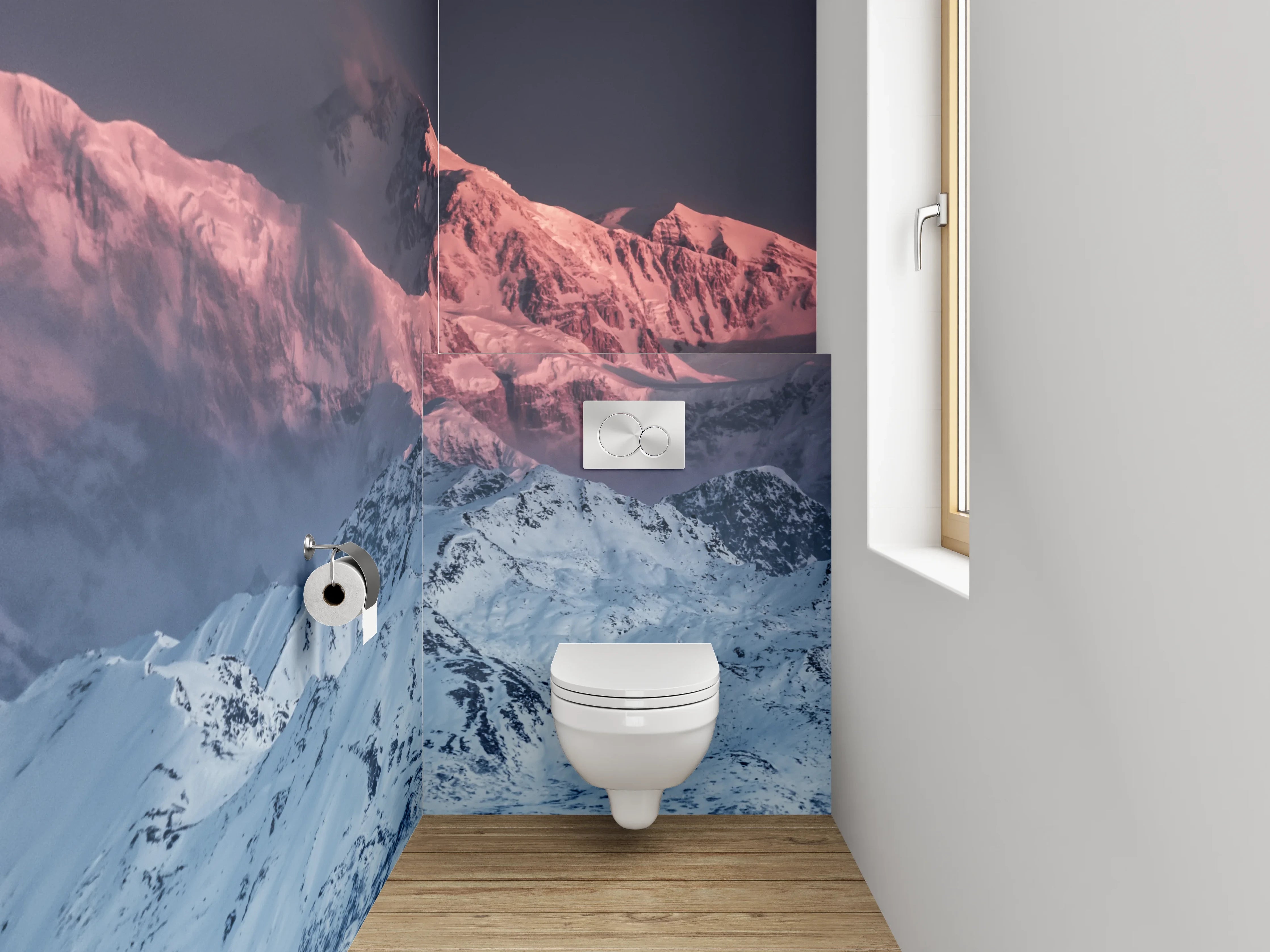 WC-Rückwand - Alpenglühen: Verschneite Berglandschaft zur Blauen Stunde