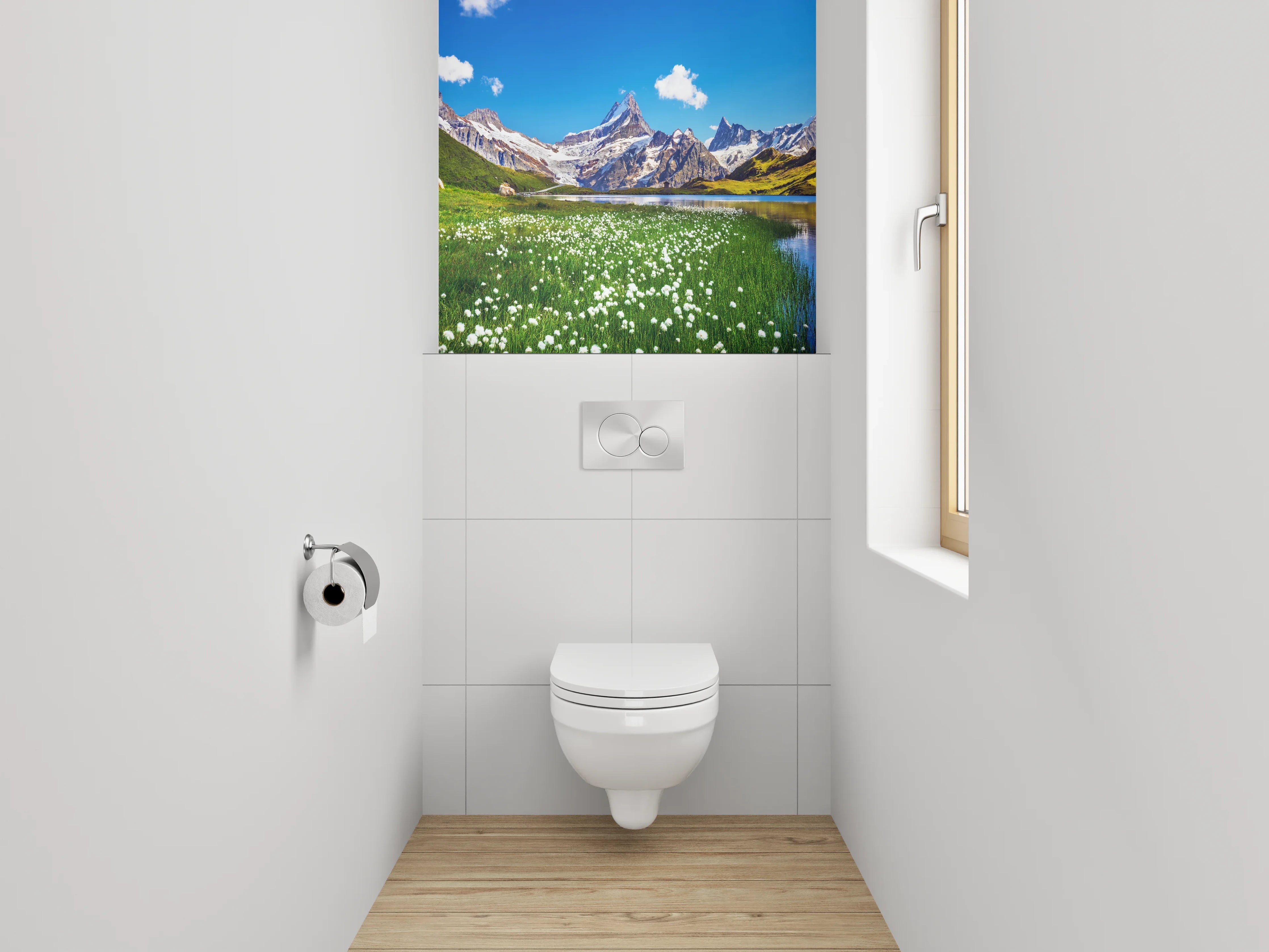 WC-Rückwand - Alpenlandschaft Spiegelung See Bergwiese