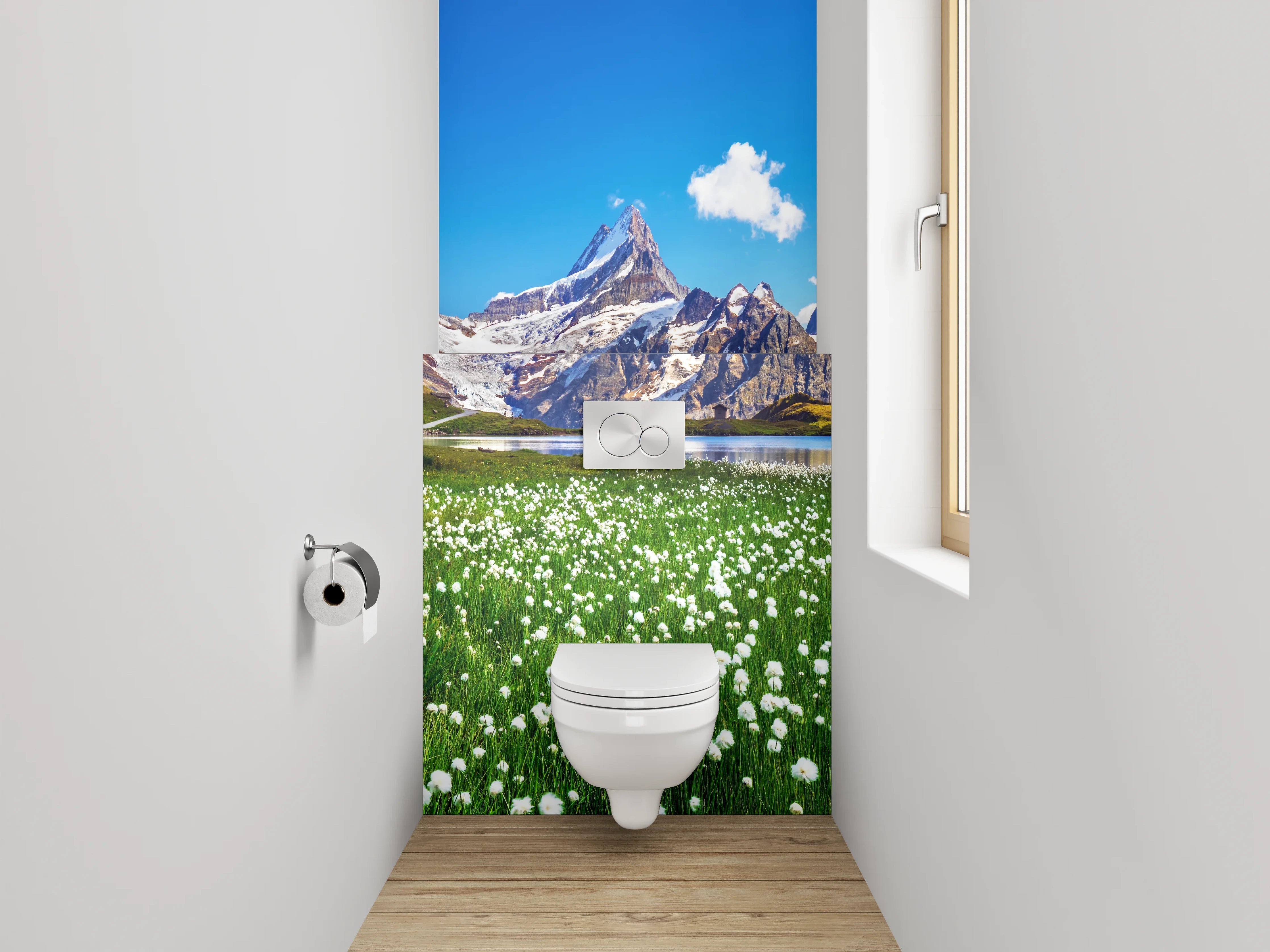 WC-Rückwand - Alpenlandschaft Spiegelung See Bergwiese