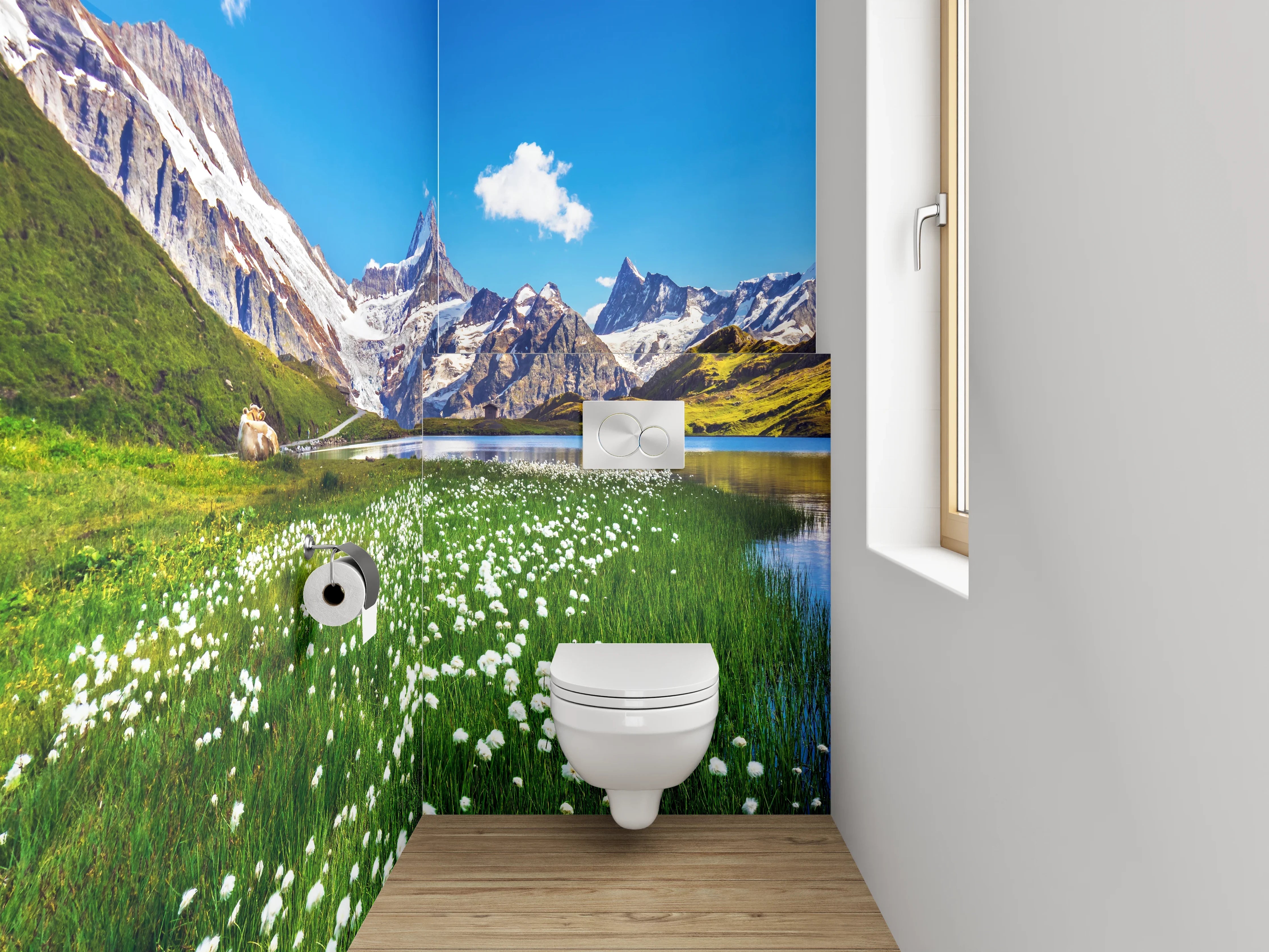 WC-Rückwand - Alpenlandschaft Spiegelung See Bergwiese