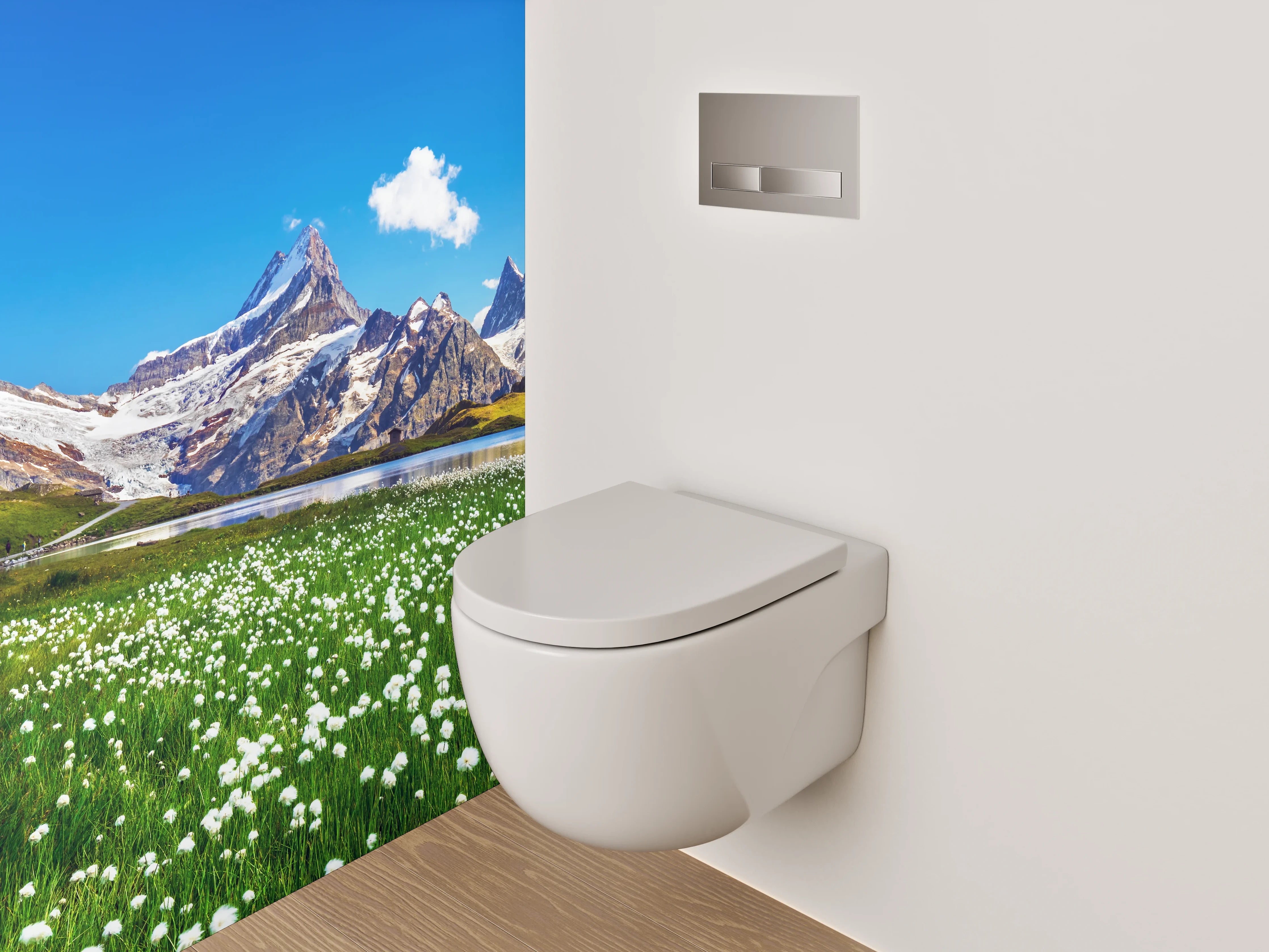 WC-Rückwand - Alpenlandschaft Spiegelung See Bergwiese