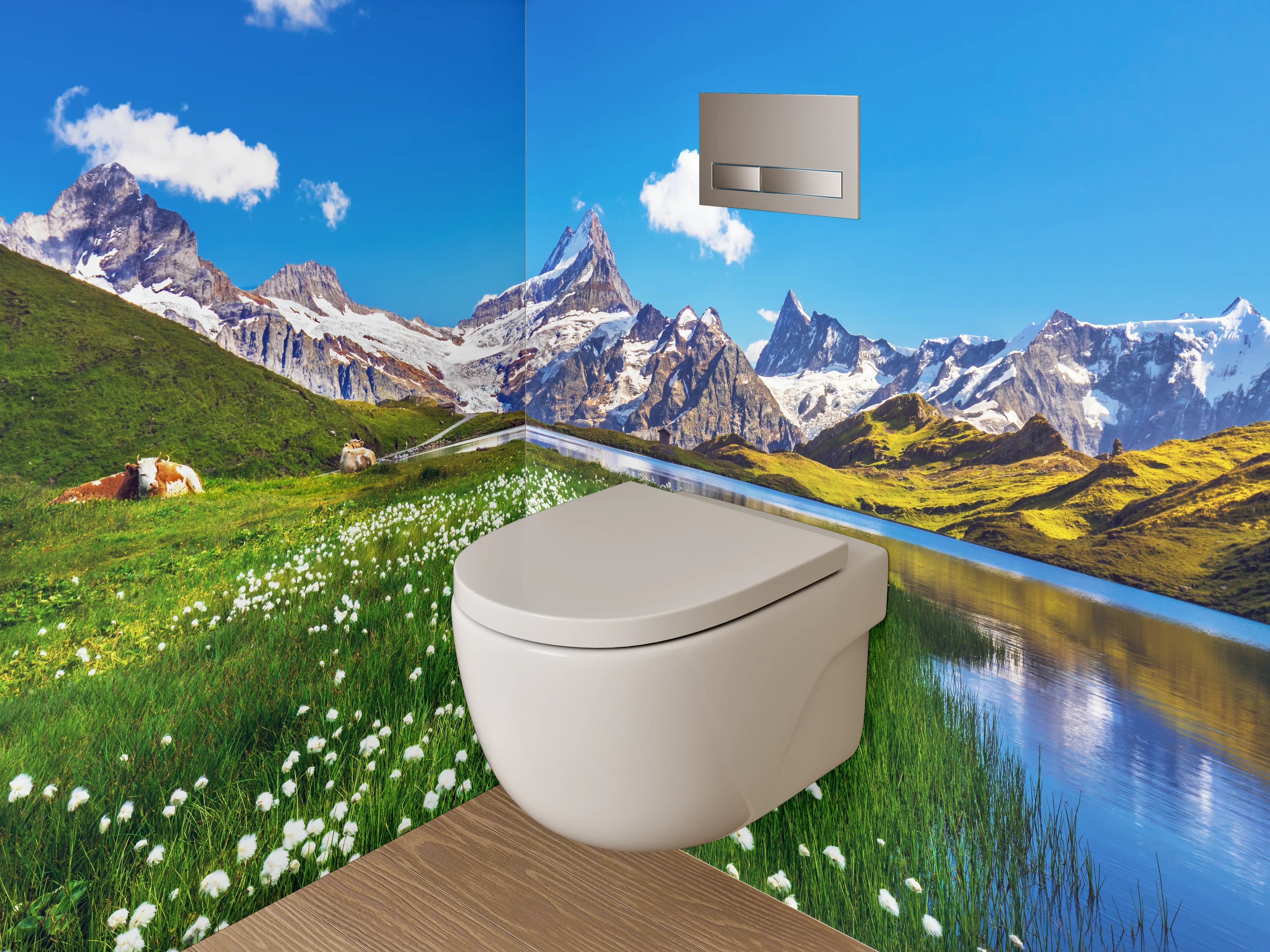 WC-Rückwand - Alpenlandschaft Spiegelung See Bergwiese