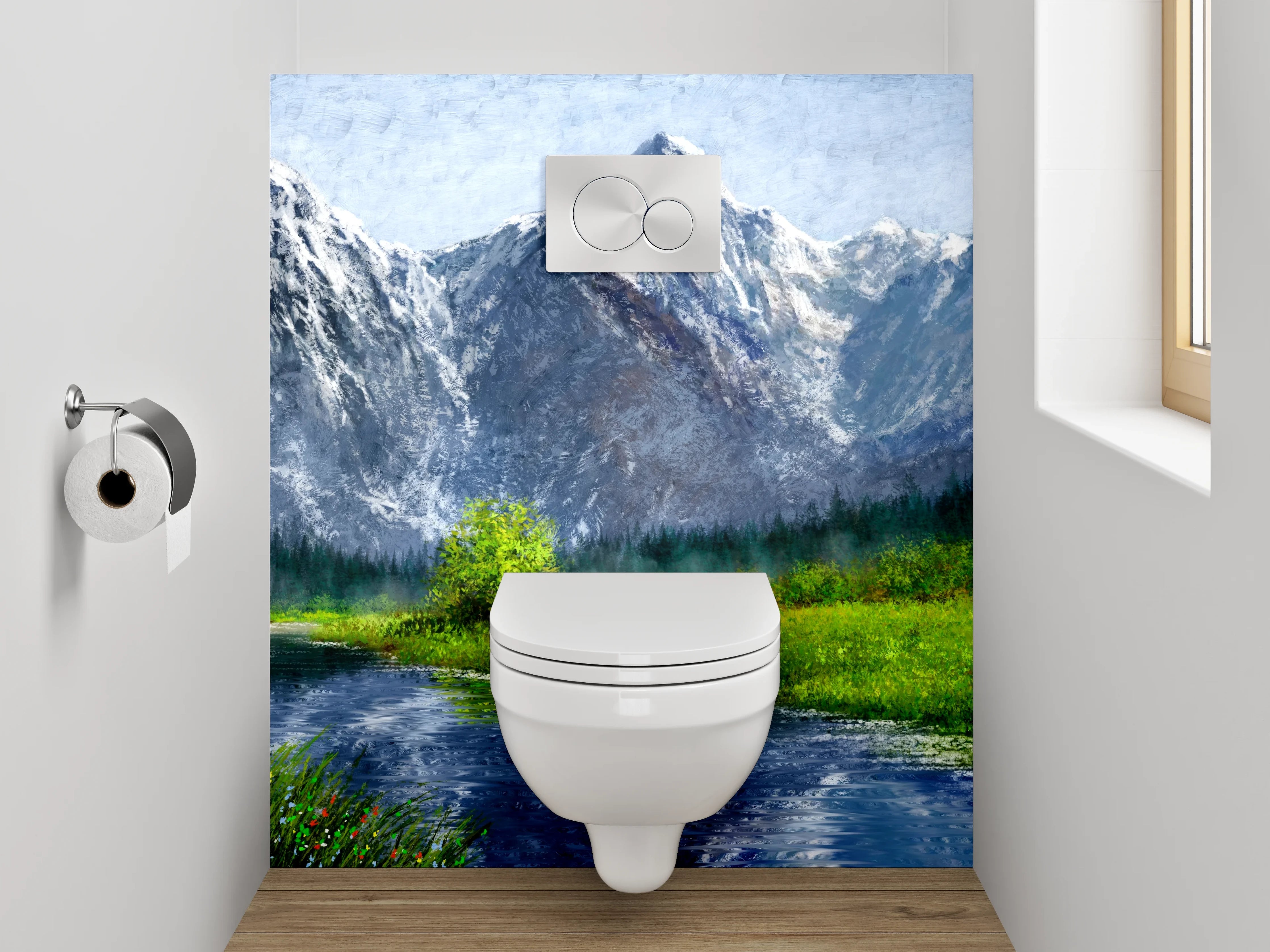 WC-Rückwand - Alpenlandschaft mit Fluss – Gemälde