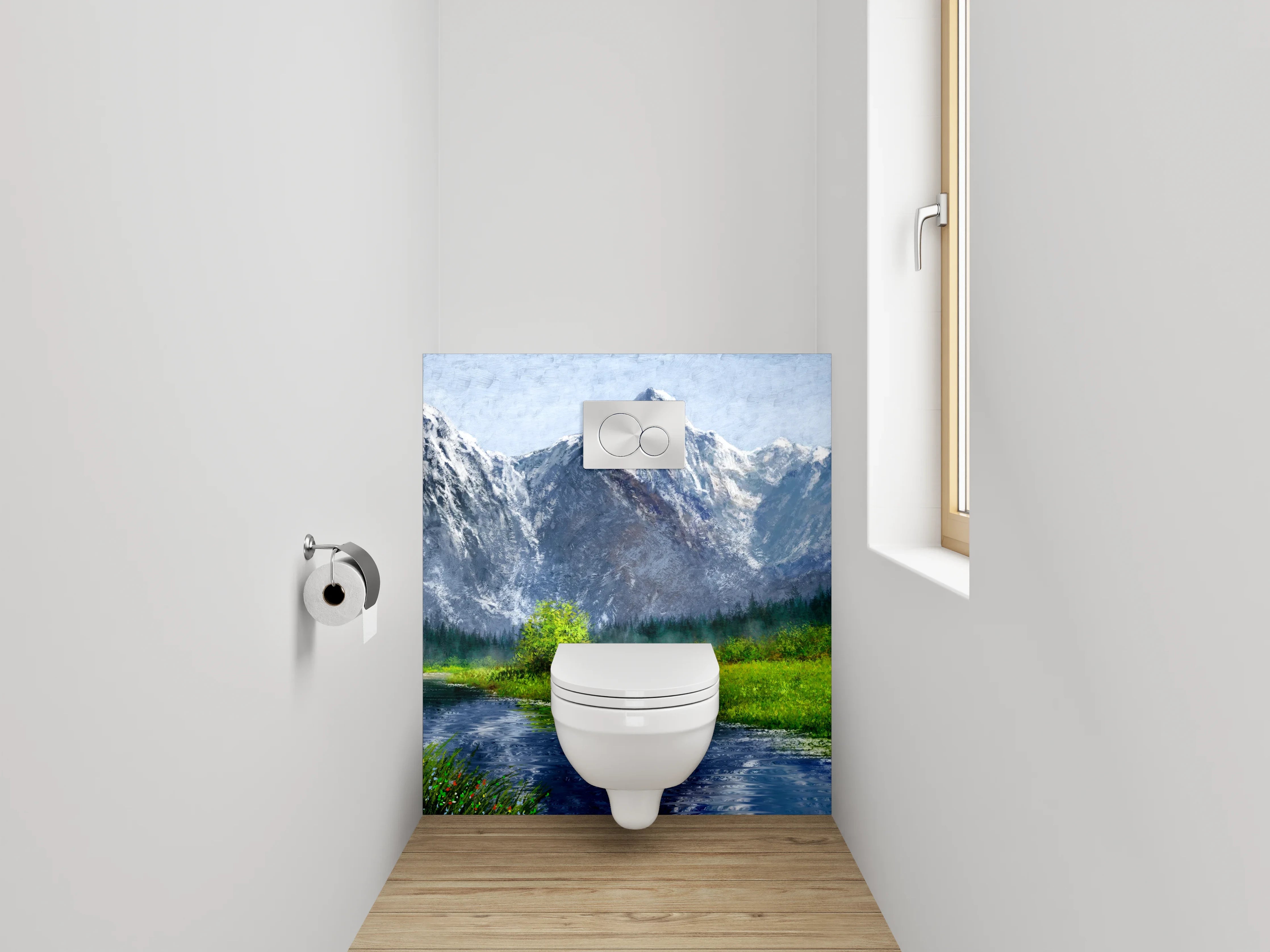 WC-Rückwand - Alpenlandschaft mit Fluss – Gemälde