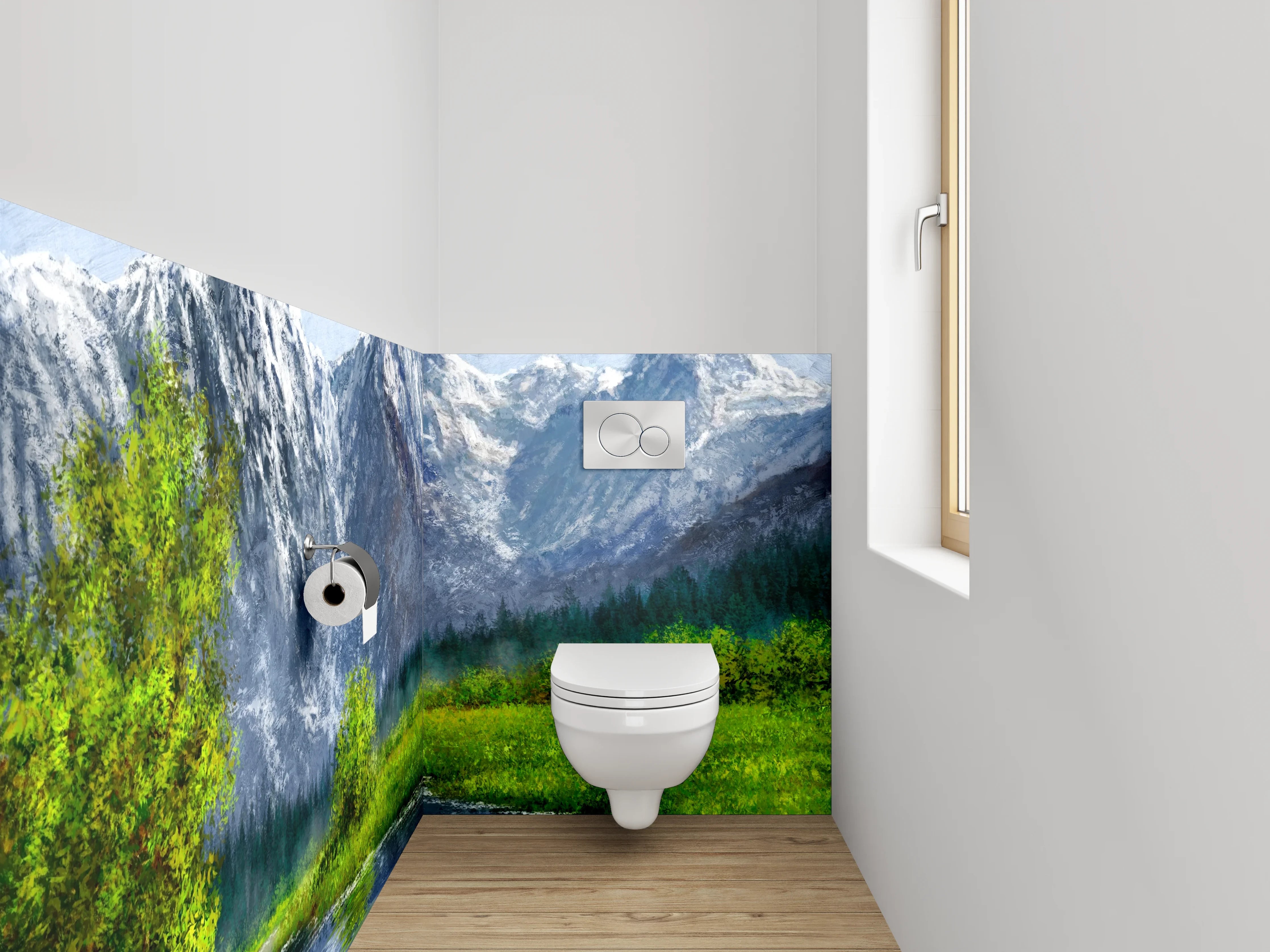 WC-Rückwand - Alpenlandschaft mit Fluss – Gemälde