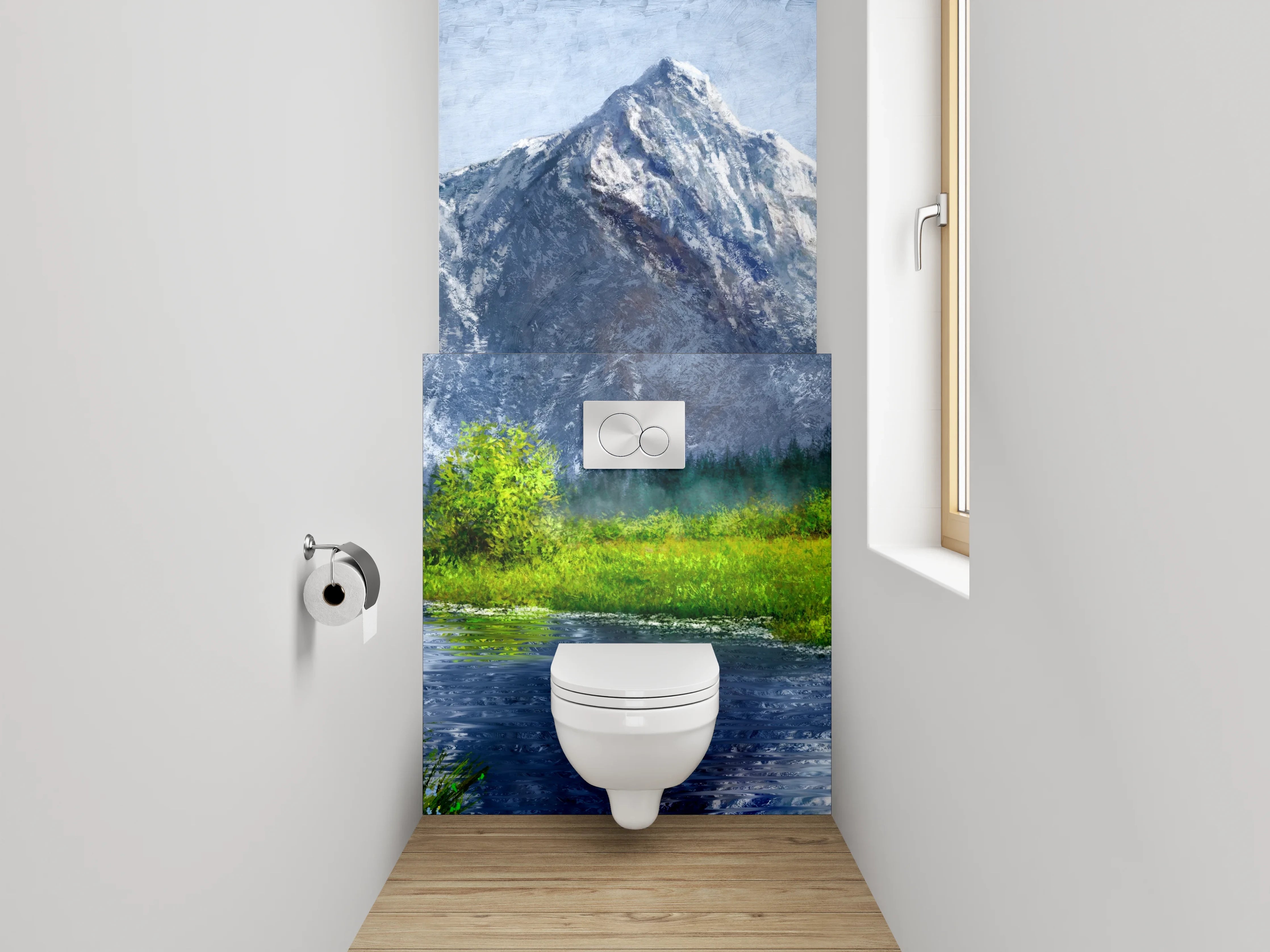 WC-Rückwand - Alpenlandschaft mit Fluss – Gemälde