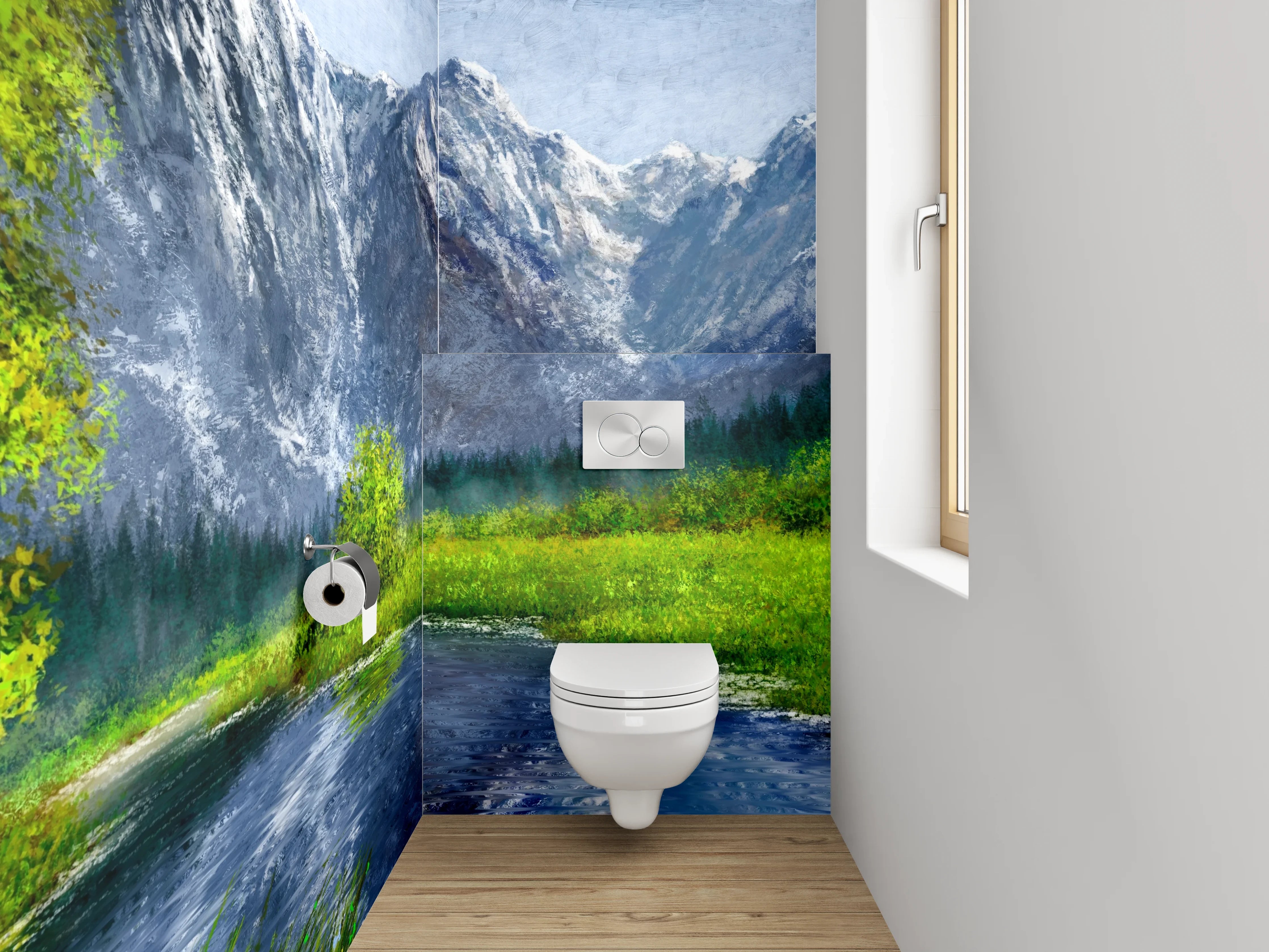 WC-Rückwand - Alpenlandschaft mit Fluss – Gemälde