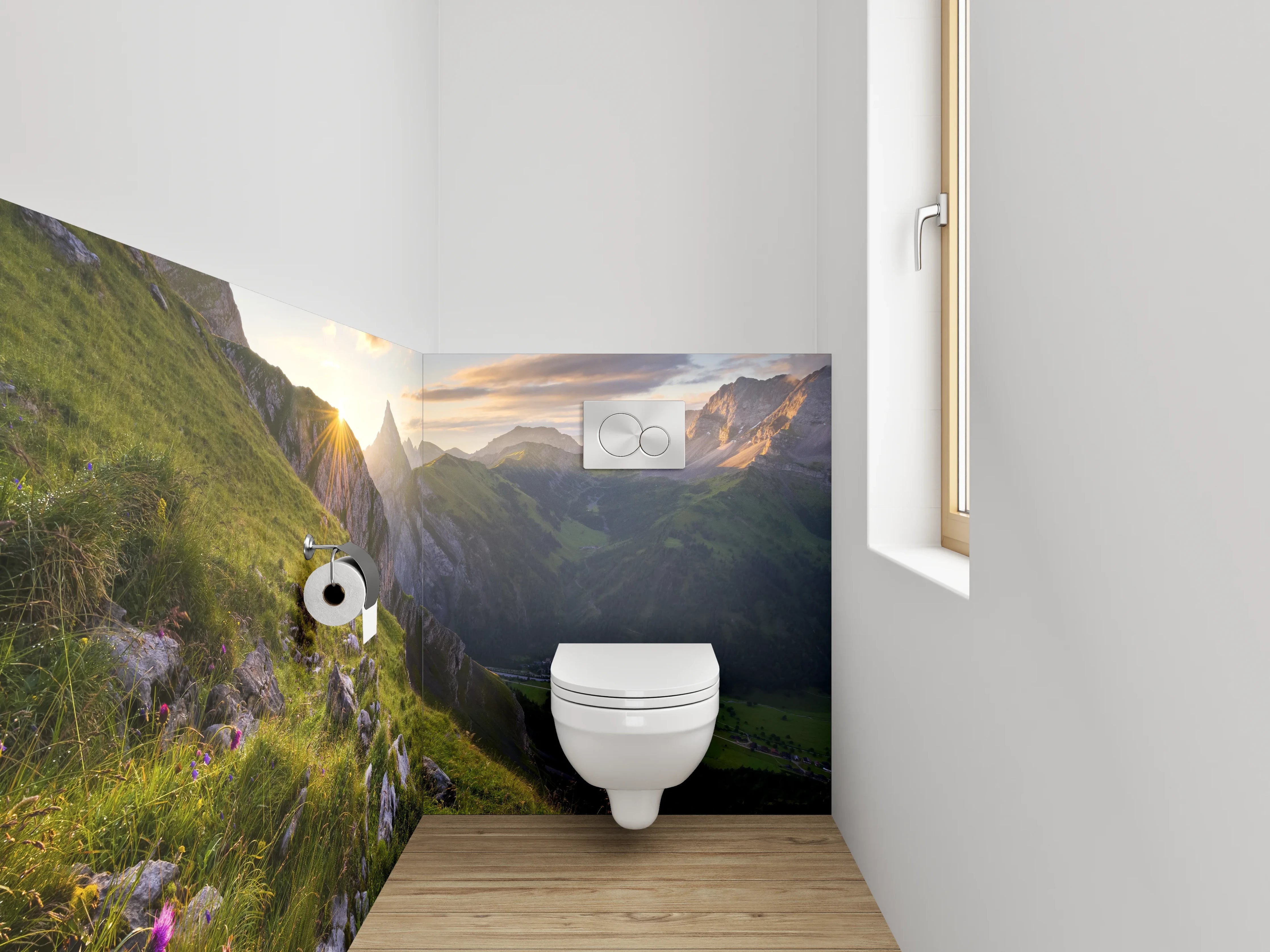 WC-Rückwand - Alpenpanorama Sonnenaufgang Berge Wiese