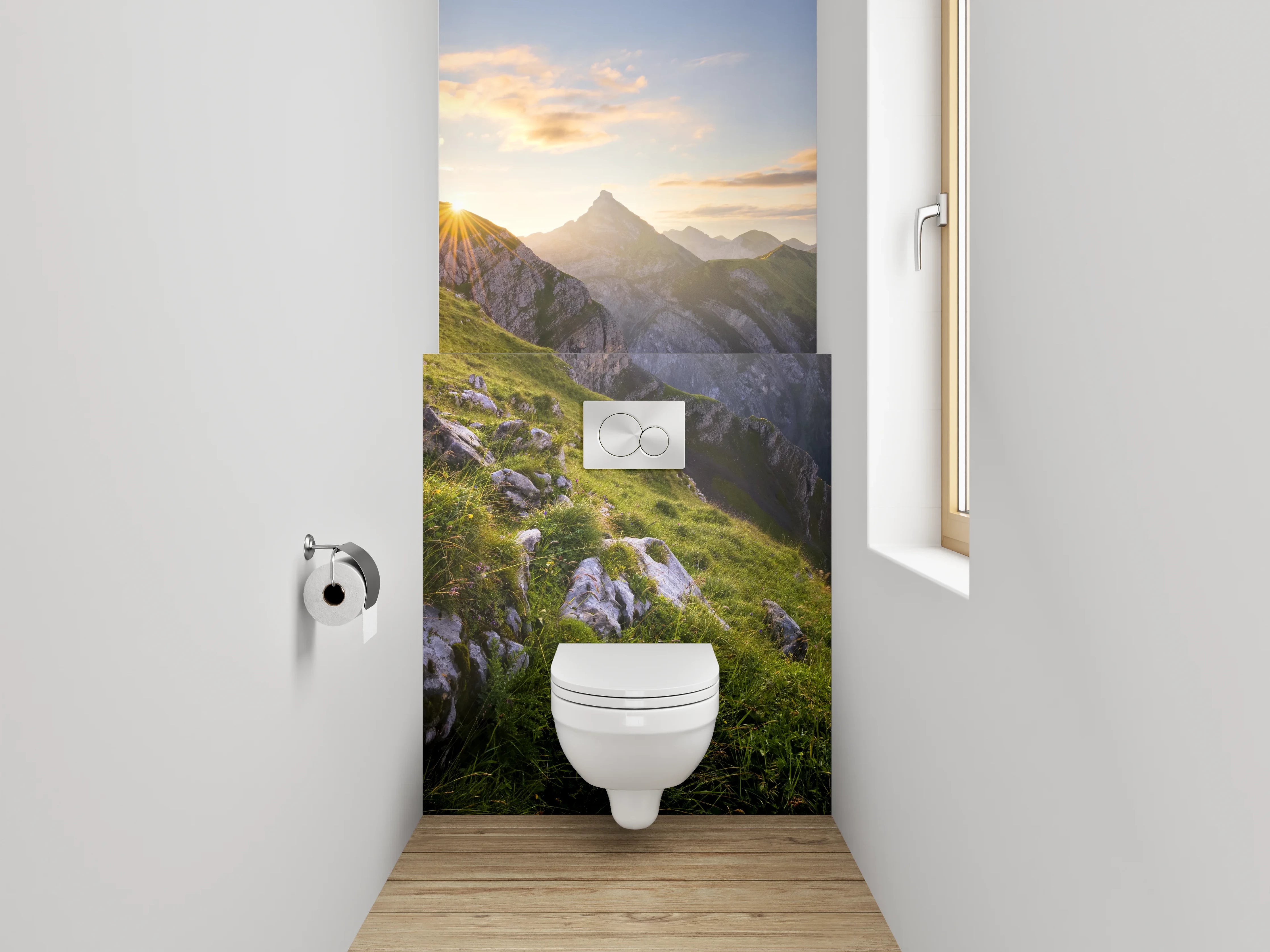 WC-Rückwand - Alpenpanorama Sonnenaufgang Berge Wiese