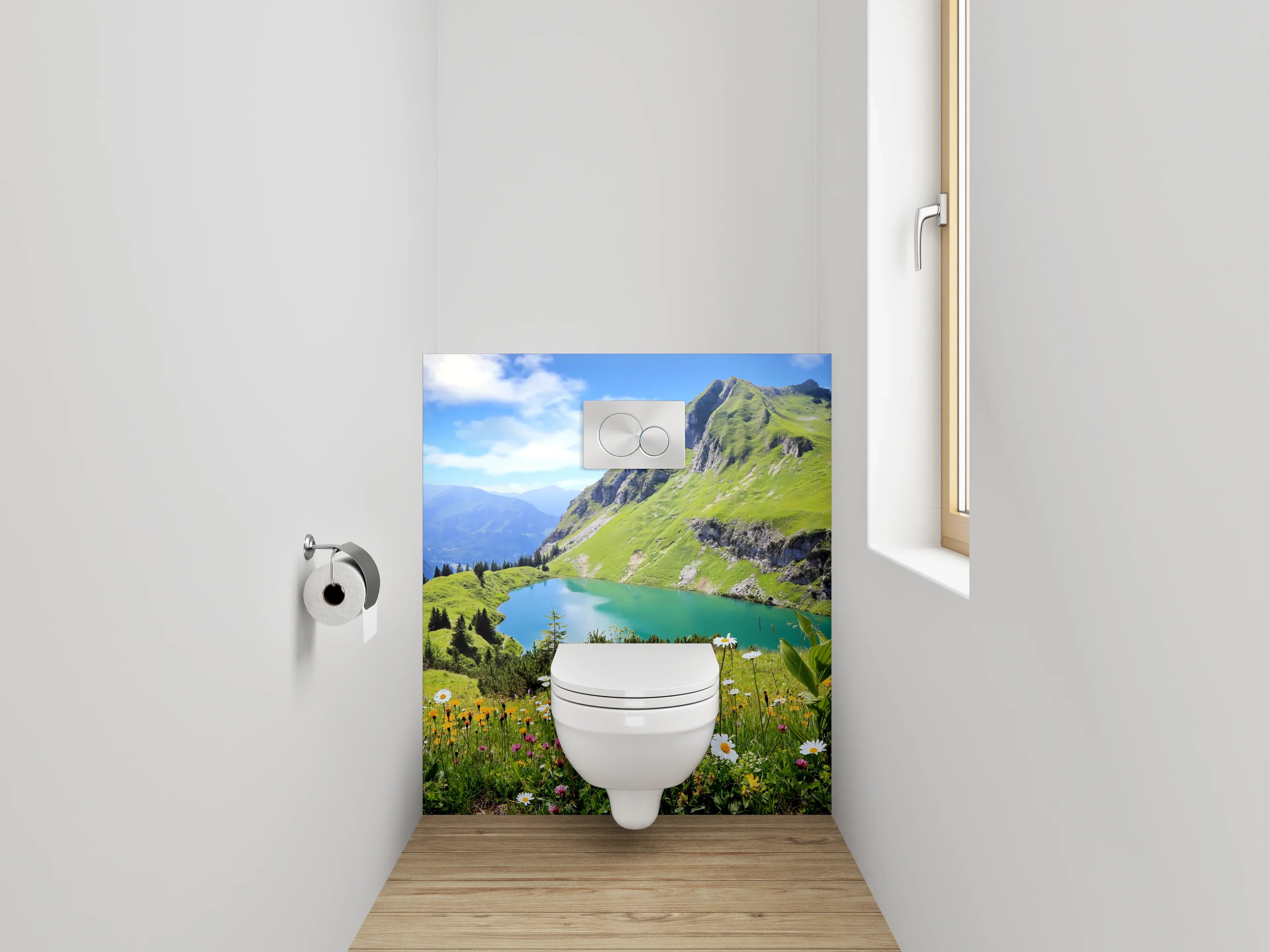 WC-Rückwand - Alpenpanorama mit Bergsee und Blumen