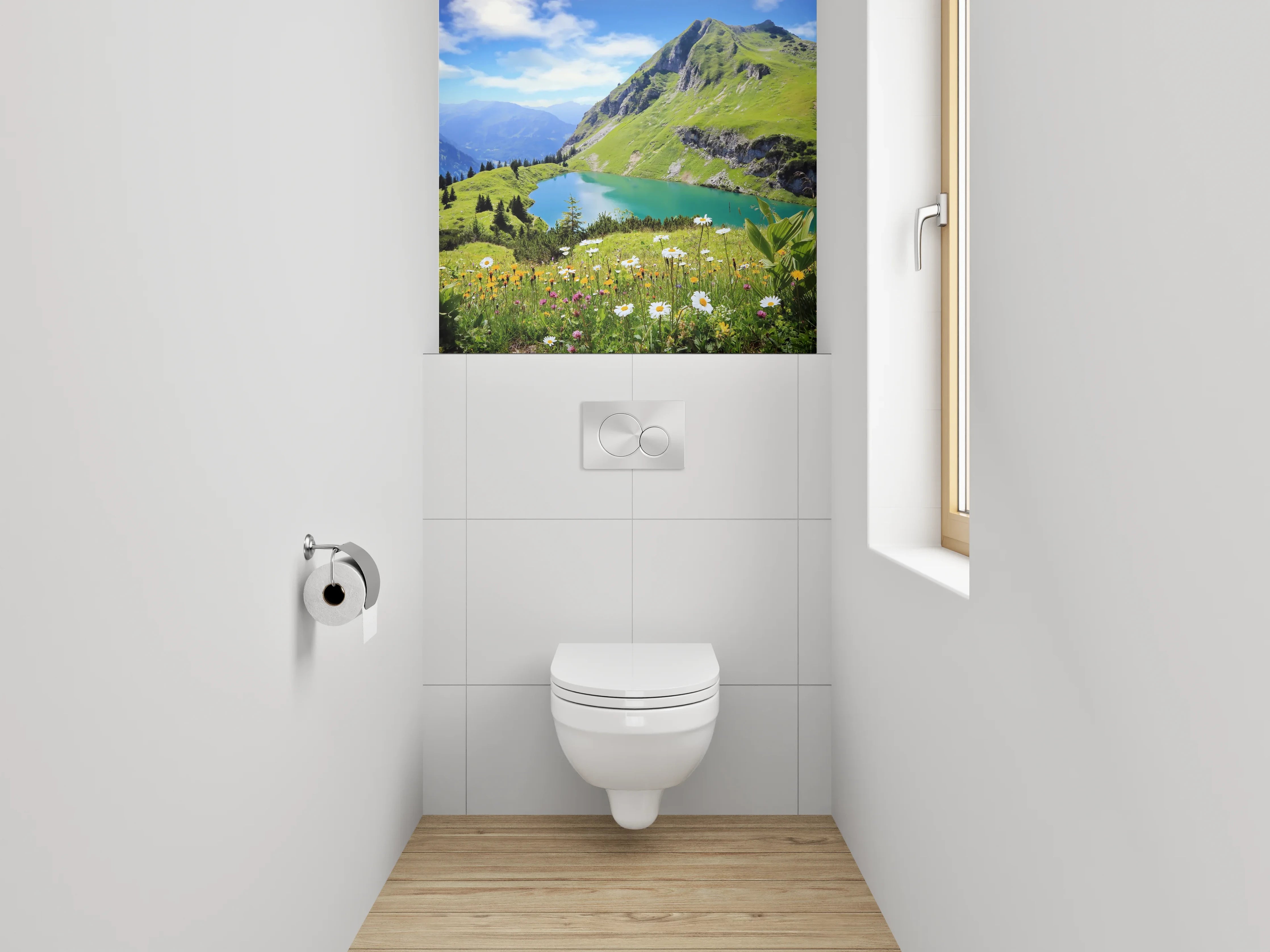 WC-Rückwand - Alpenpanorama mit Bergsee und Blumen