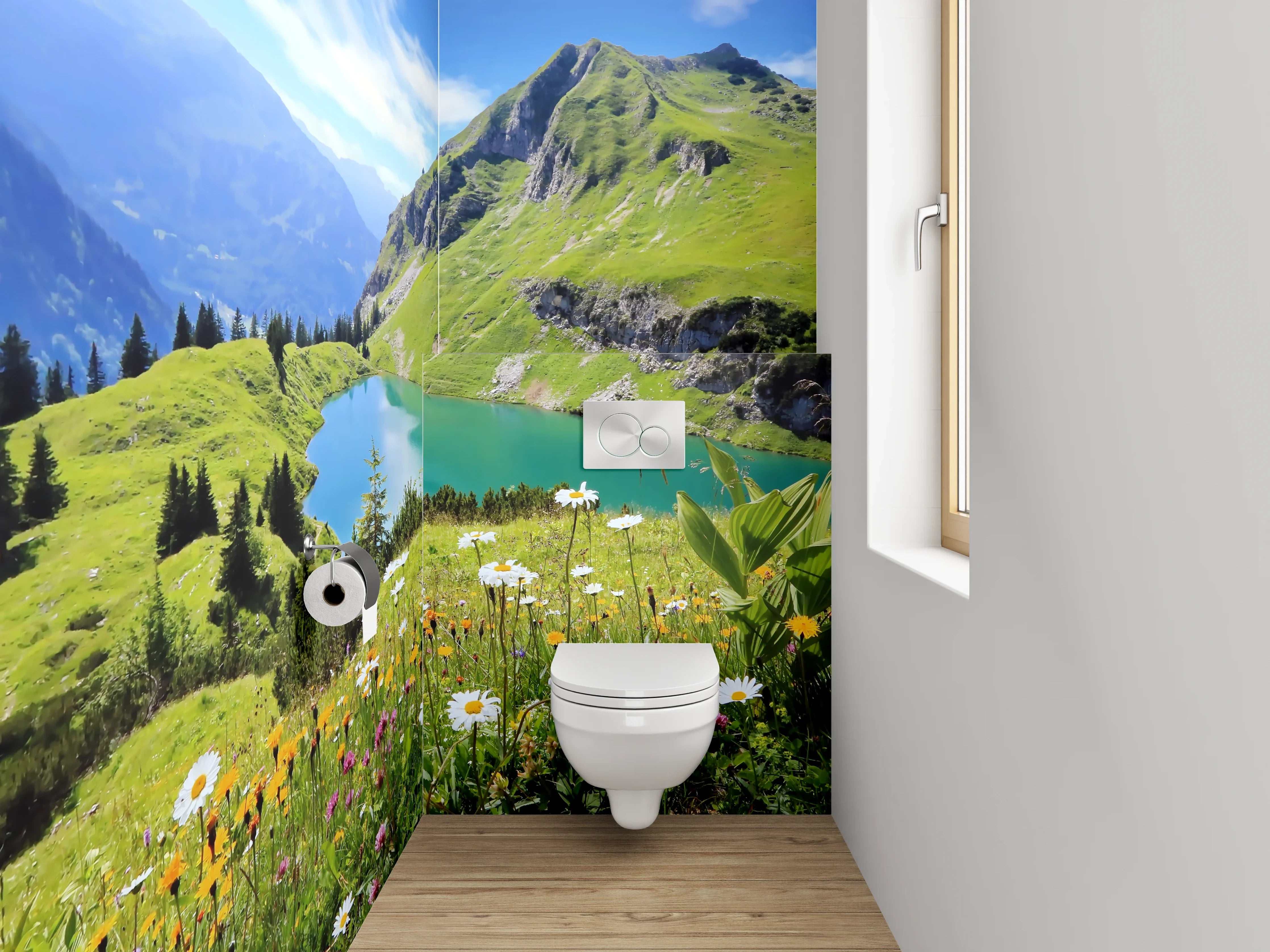 WC-Rückwand - Alpenpanorama mit Bergsee und Blumen