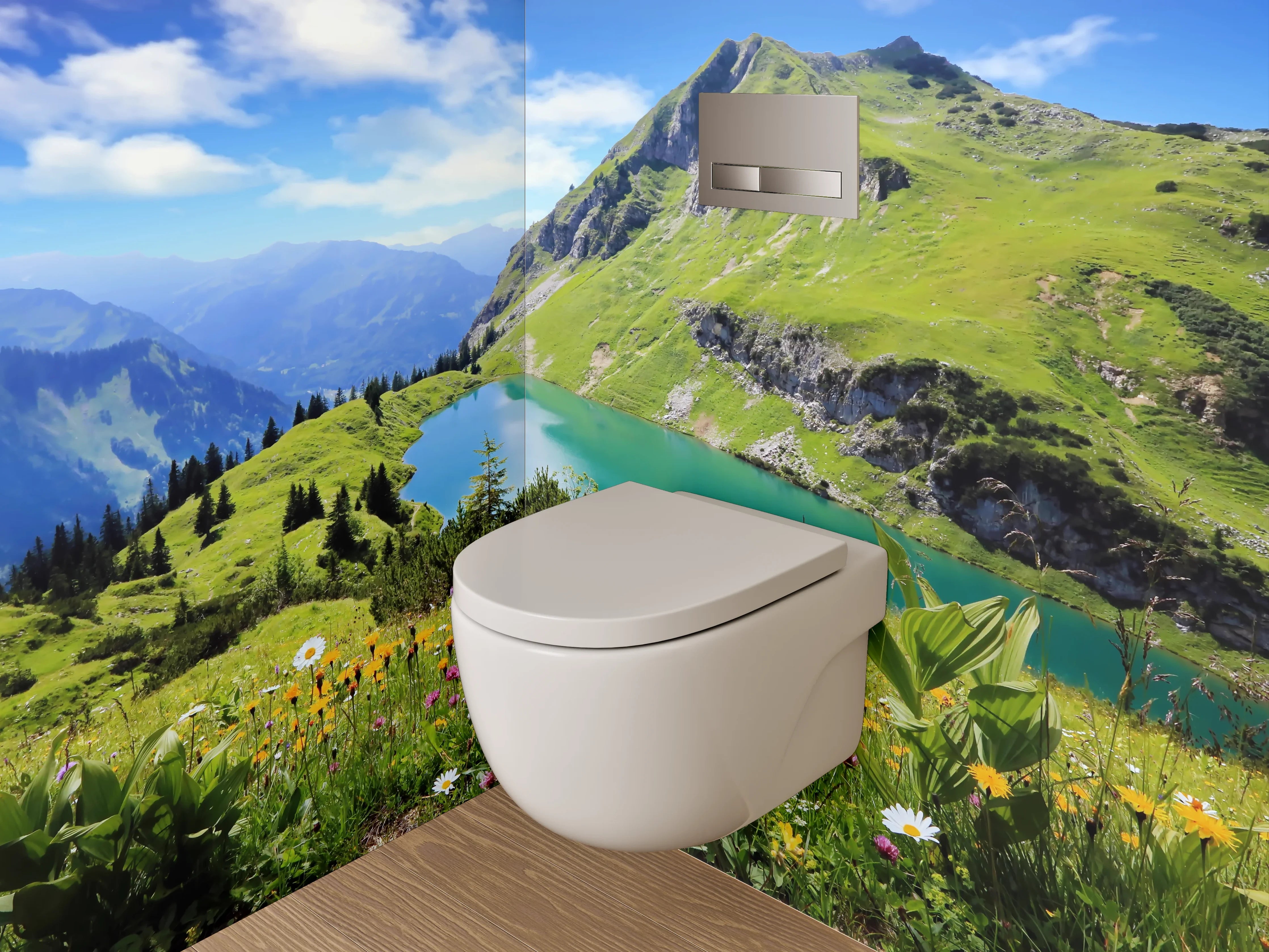 WC-Rückwand - Alpenpanorama mit Bergsee und Blumen