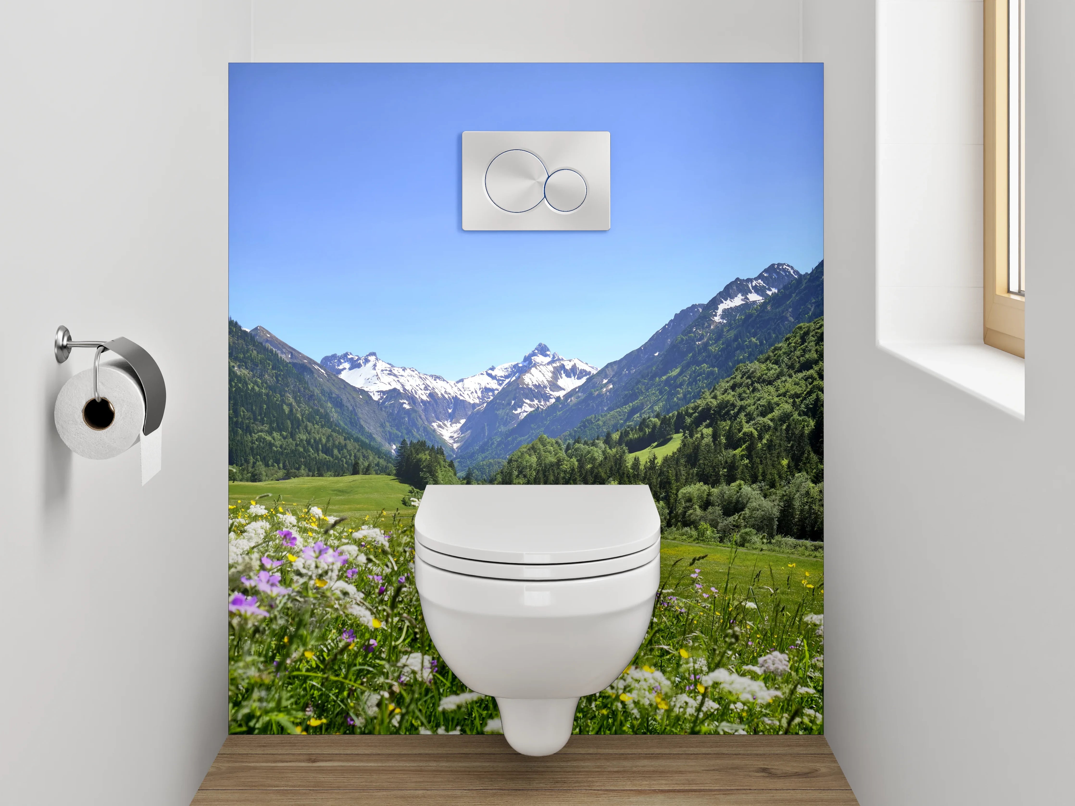 WC-Rückwand - Alpenpanorama mit Blumenwiese