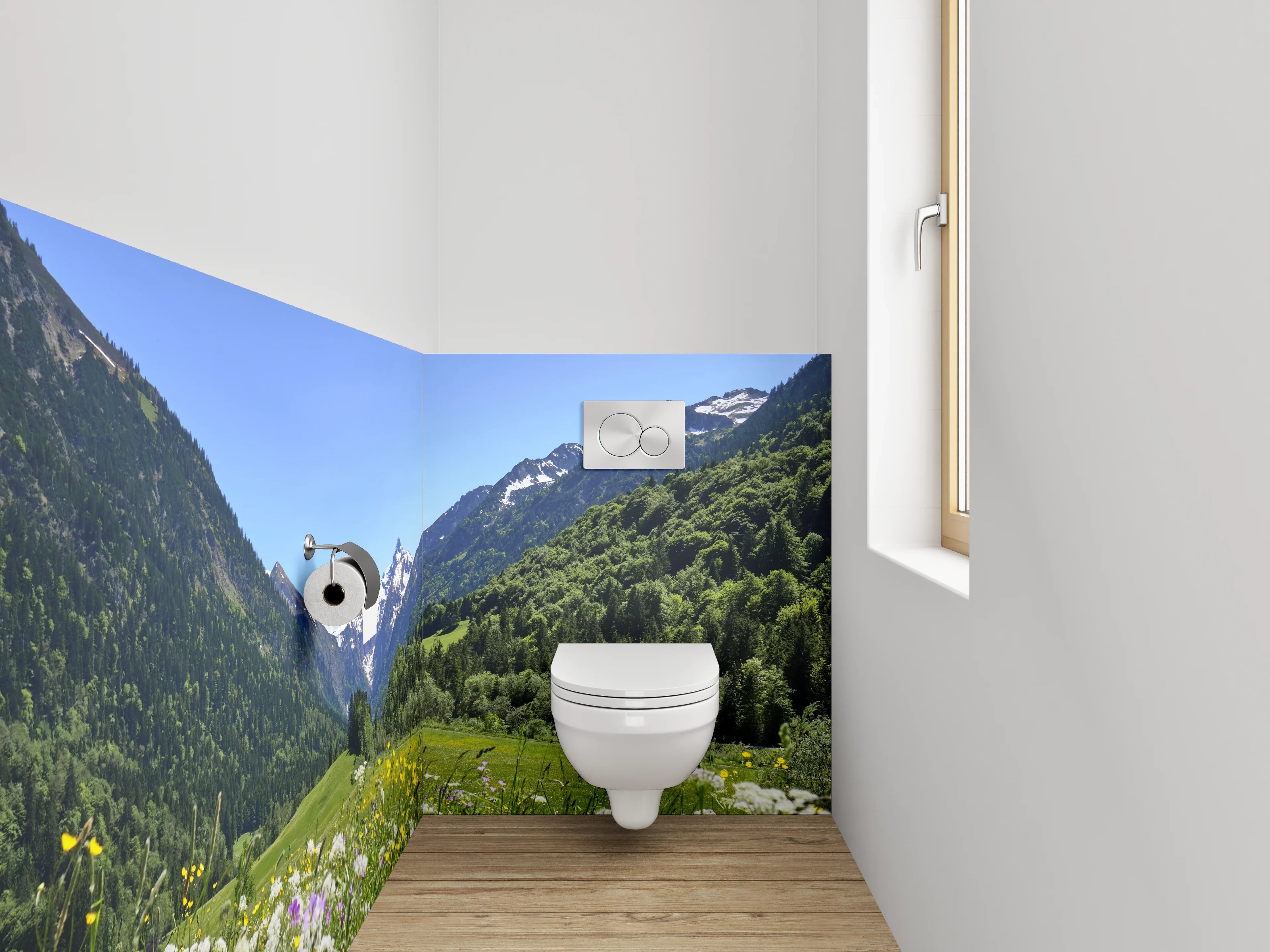 WC-Rückwand - Alpenpanorama mit Blumenwiese